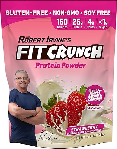 Fitcrunch Mezcla triple de proteínas Diseñado por Robert Irvine Con tecnología Mixability, libre de gluten, soya y sin OMG, Strawberry, 1