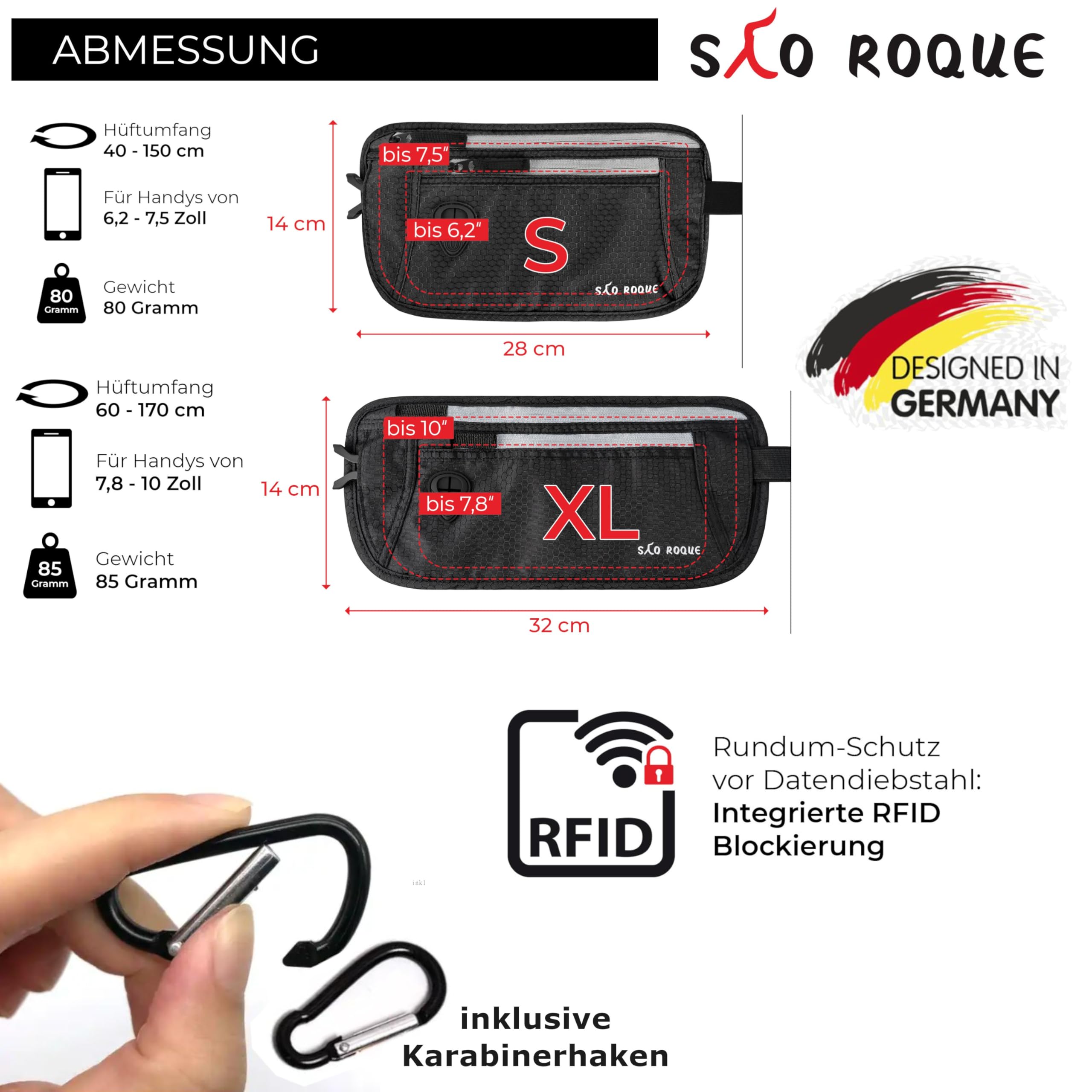 SAO ROQUE ® Bauchtasche Damen Herren, Reisepasshülle Gürteltasche Reise Gadgets mit RFID Blocker, Hüfttasche stylisch, Geldgürtel flach (Schwarz)