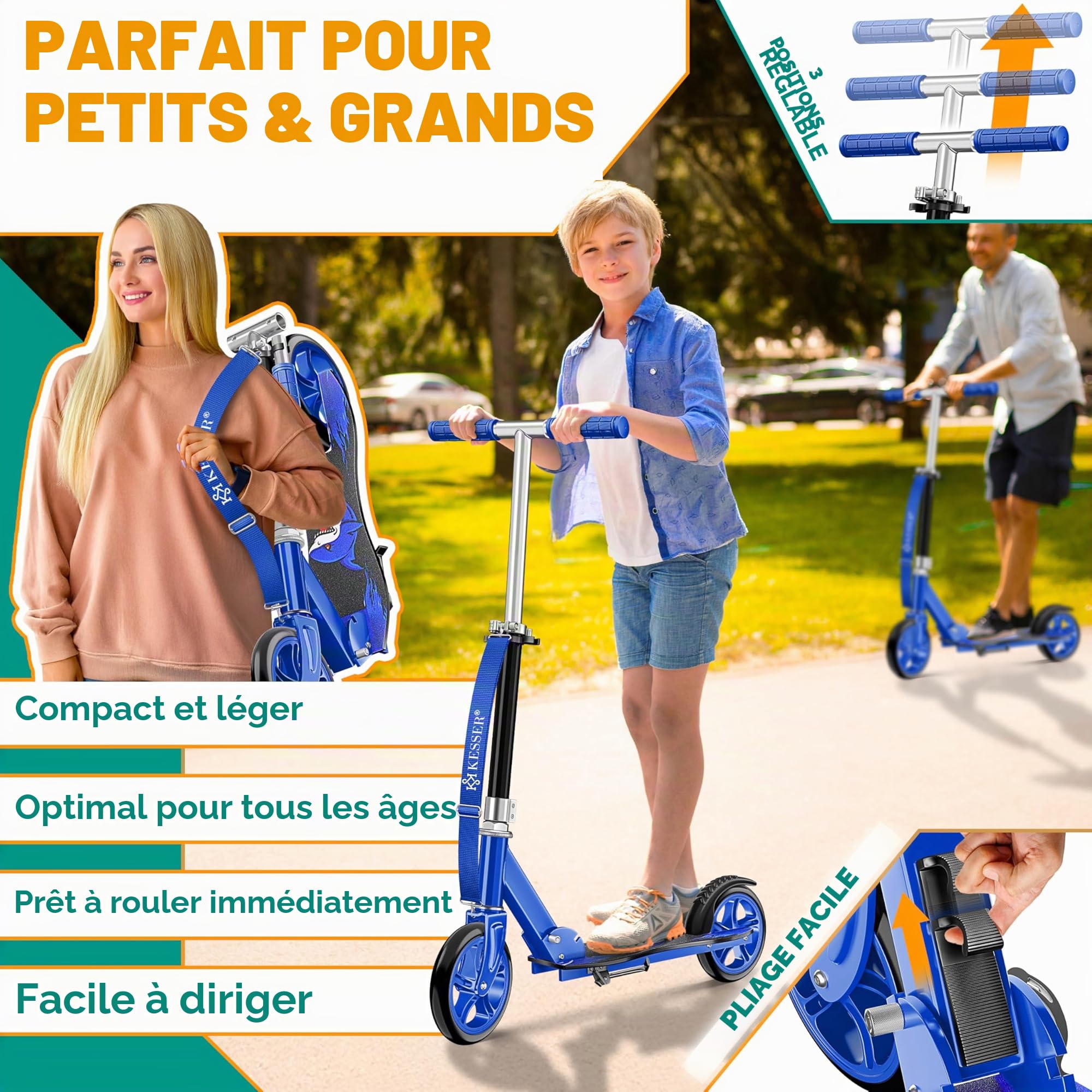 KESSER® Scooter pour Enfants de Ville Trottinette Pliable réglable en Hauteur, Kickscooter jusqu'à 100kg, Frein de Roue Arrière, Jusqu'à 190cm de Hauteur, Sangle de Transport Incluse