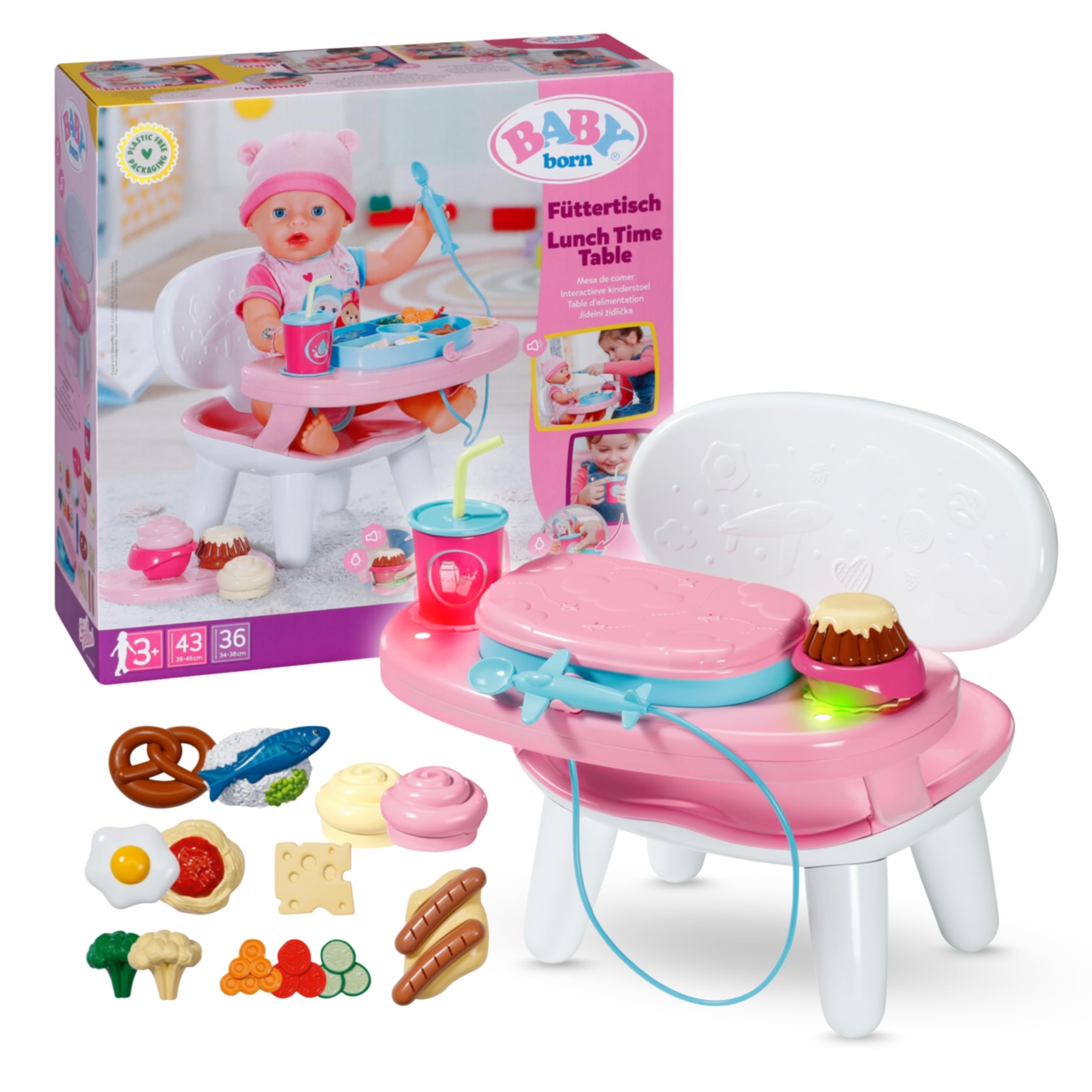 BABY born Lunch Time Table with Interactive Light and Sound Functions, with Over 10 Different Meal and Drink Options For 43cm Dolls, For Children Aged 3+, 837009 Zapf Creation