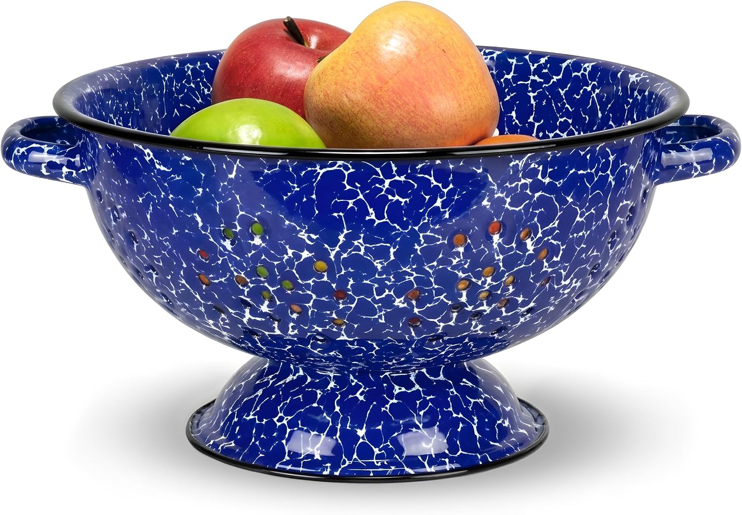 Red Co. Enamelware Metal Classic 10.5 Inch Round Food Strainer Colander with Two Handles, Navy Blue Marble/Black Rim – Splatter Design