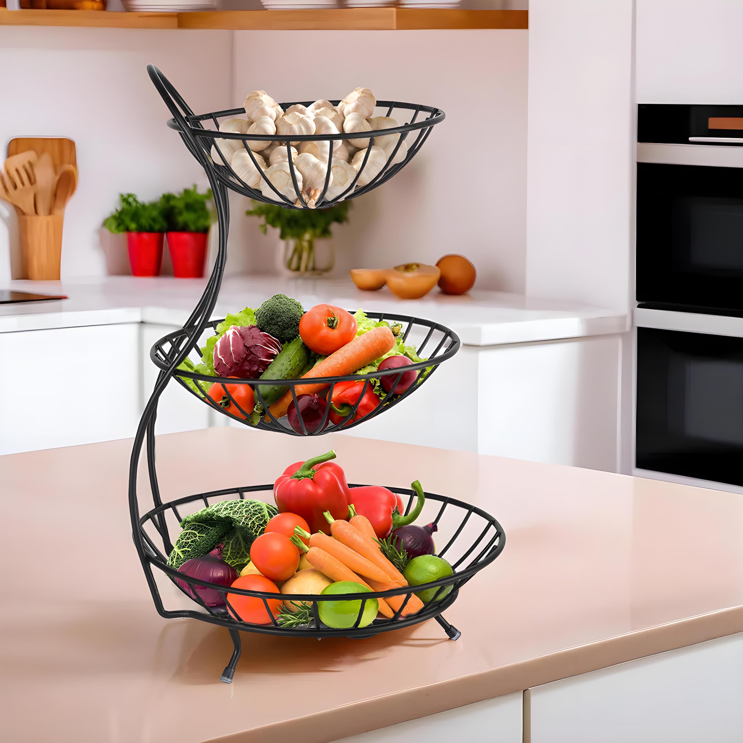Kuber Industries Metal 3-Layer Basket Organizer for Kitchen - Aalu Pyaj/onion Storage Basket & Circular Countertop Side Stand | Black