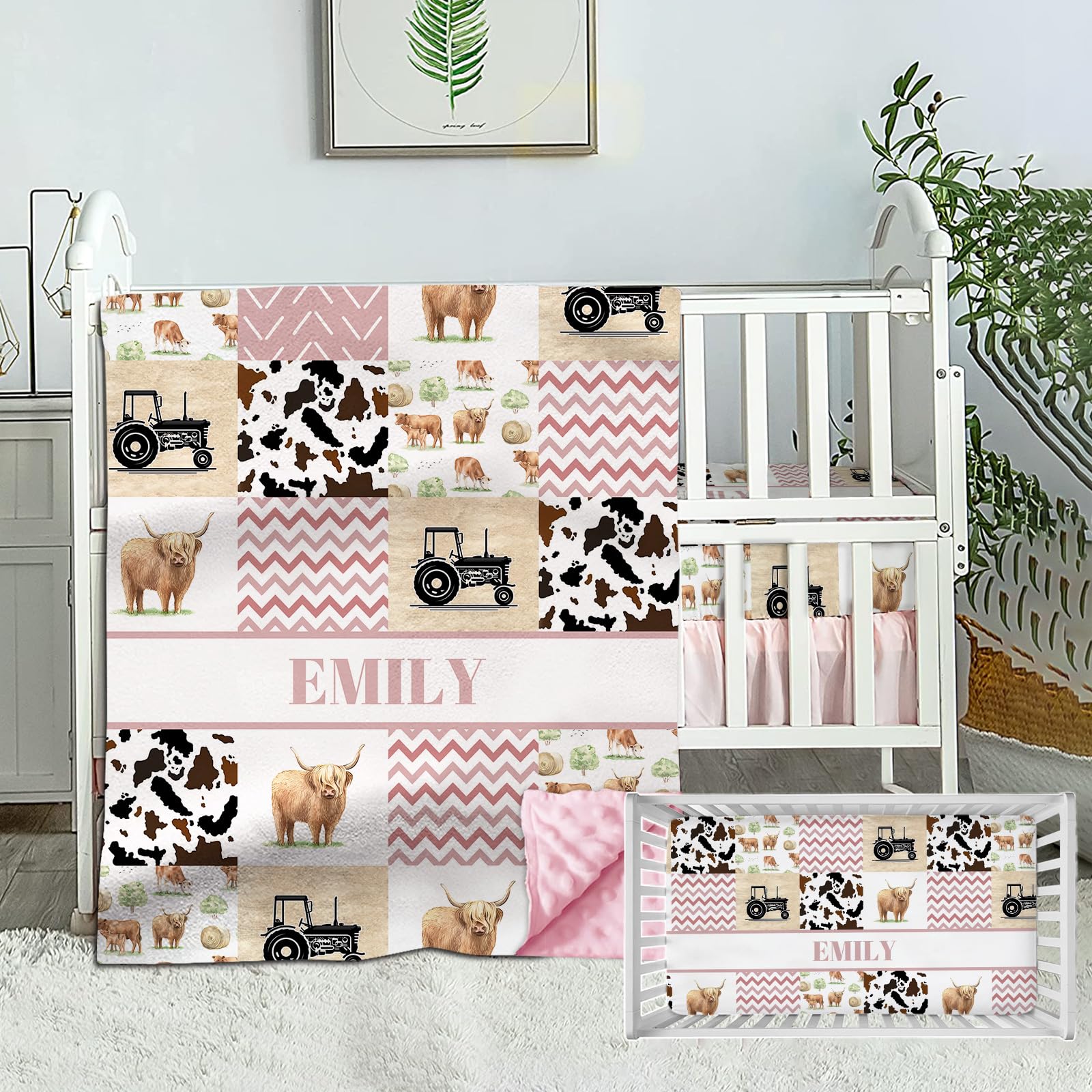 High Land Custom Baby Girl Crib Bedding Set - Pink Nursery Bedding, 2 Piece Set With Name Crib Comforter and Fitted Sheets