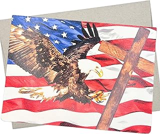Patriotic American Flag Religious Card with Christian Cross and Bald Eagle Theme for Veterans Day, Memorial Day, Sympathy (5X7 Inches) - 402