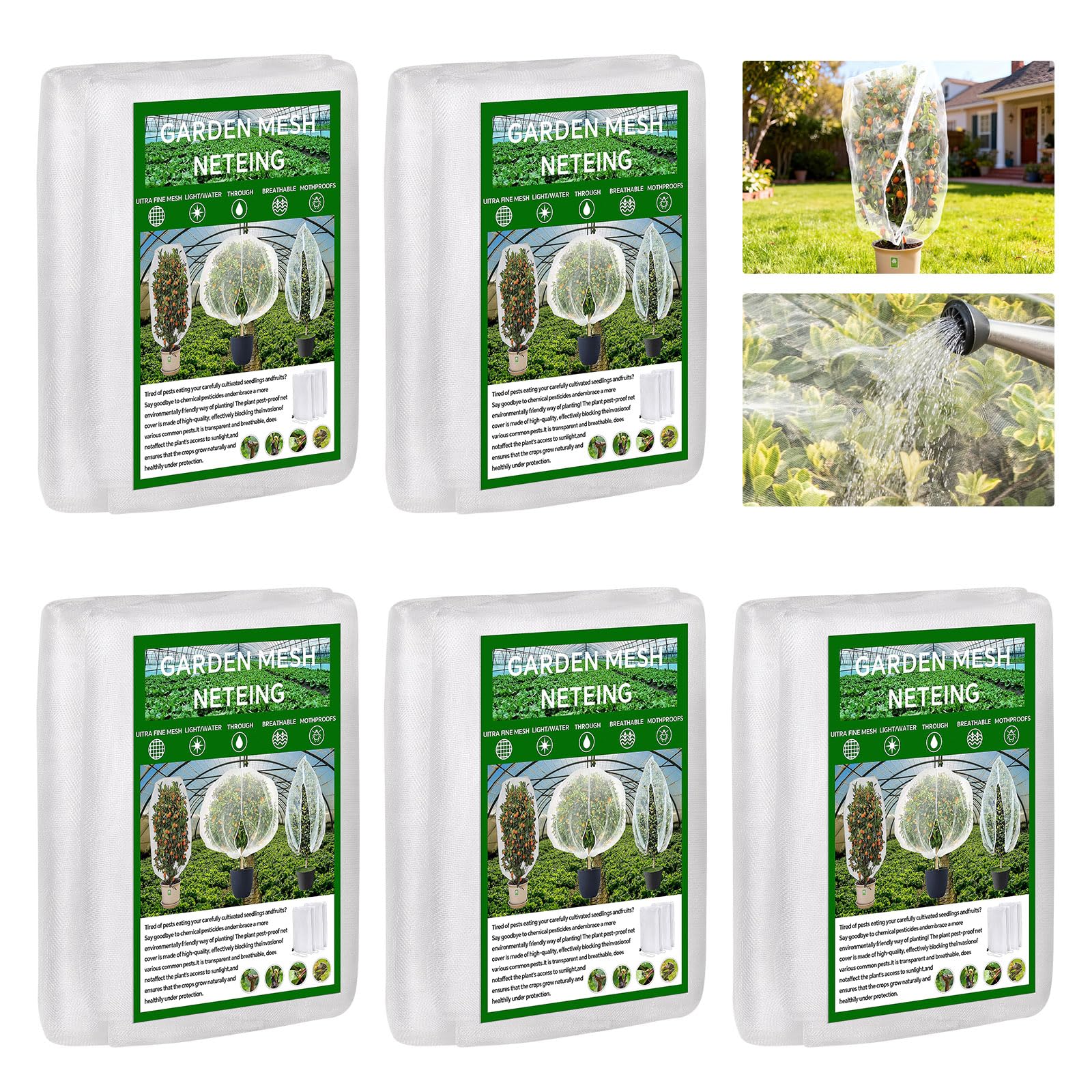 5 Pack Heavy Duty Garden Net Covers with Zipper & Drawstring, Reusable Fruit & Vegetable Protection Mesh for Plants, Bushes, Trees - Bird Pest Barrier (100X150cm)