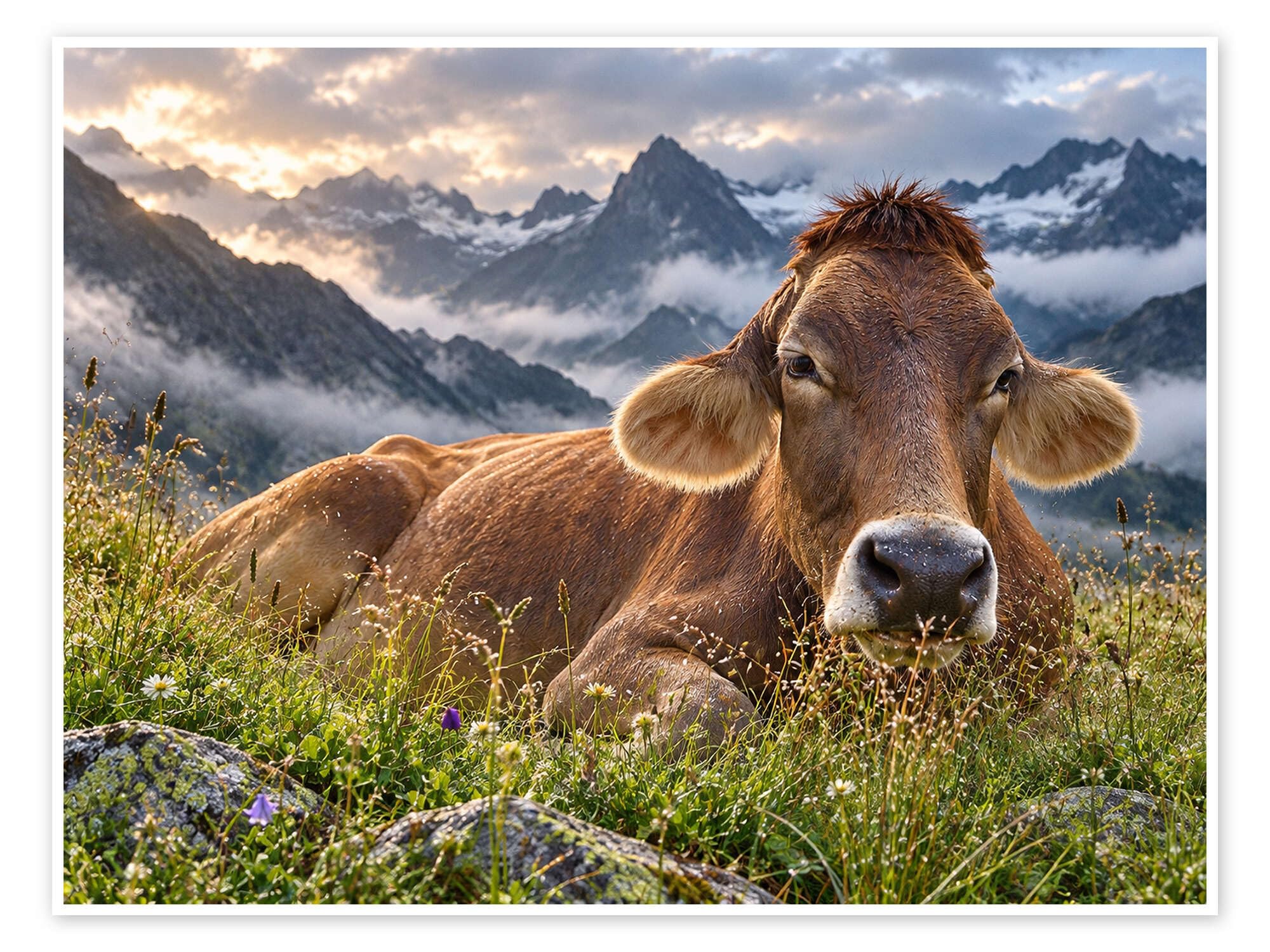Mountain cattle in a meadow Plakat