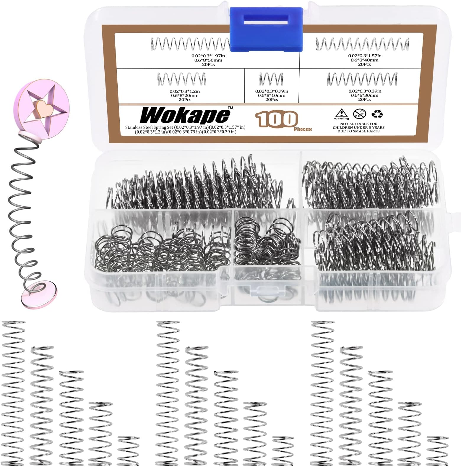 Wokape W516 100Pcs Compression Springs Assortment Kit, 5 Sizes Mini Stainless Steel Compression Springs for Shop and Home Repairs, 0.6mm Wire Diameter, 8mm OD, 10/20/30/40/50mm Length