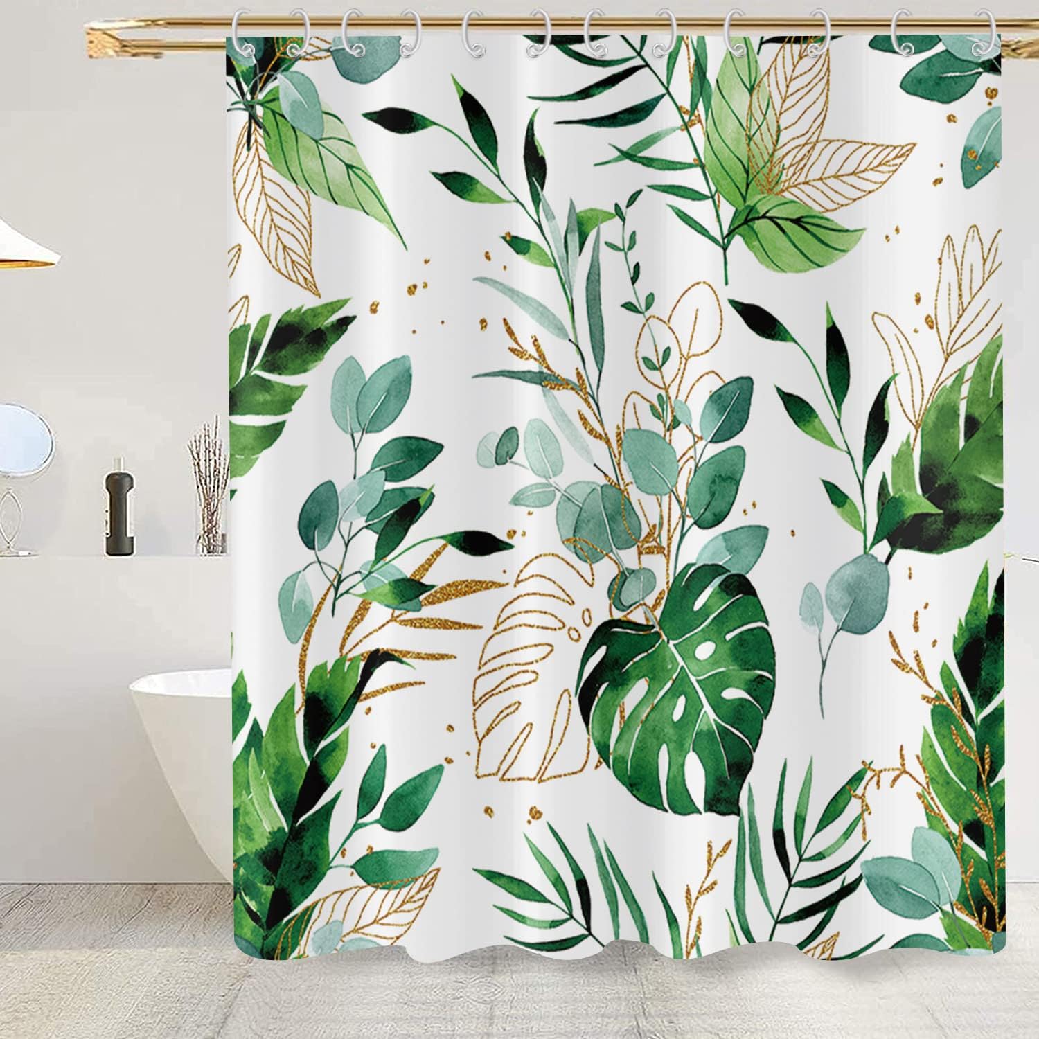 Tropical Leaf Shower Curtain, Abstract Boho Tropical Palms Monstera Leaves Gold Leaf Bathroom Curtain for Summer Bathtub Home Decor Waterproof Fabric Machine Washable with 12 Hooks