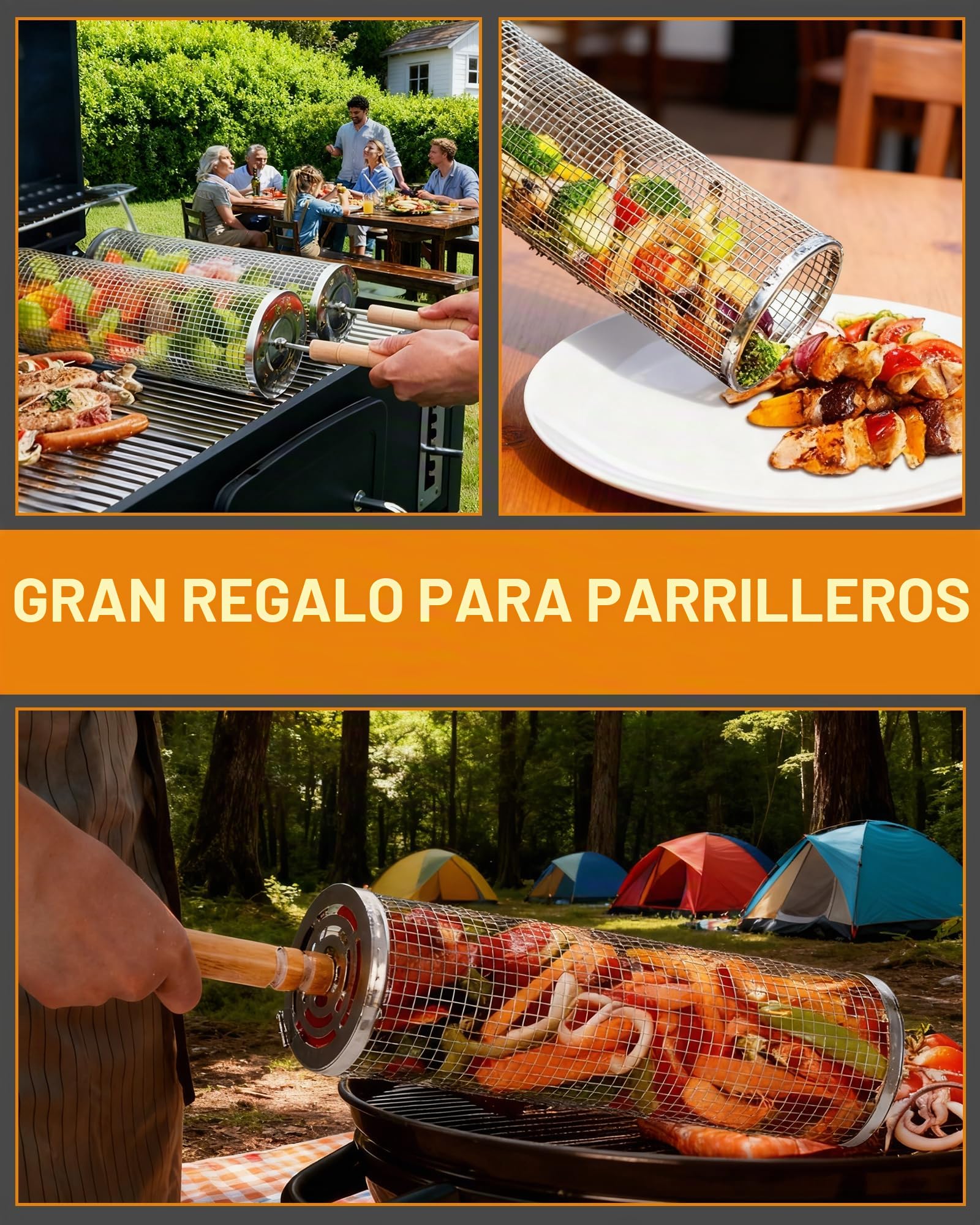 Conjunto de 2 Cestas para Parrilla Rodante con Mango de Madera (30×10 cm + 29×9 cm) Cestas para Barbacoa de acero inoxidable para Parrilla al aire libre cocinar carne y verduras