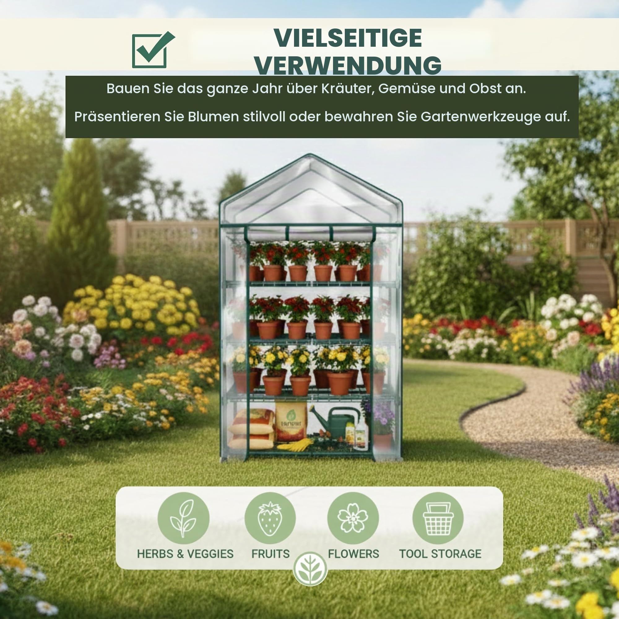 Mini-Gewächshaus mit 4 Ebenen, tragbares Gewächshaus mit feststellbaren Rädern und PVC-Abdeckung für drinnen und draußen, 68 x 48 x 160 cm, Gewächshaus von Home-Complete