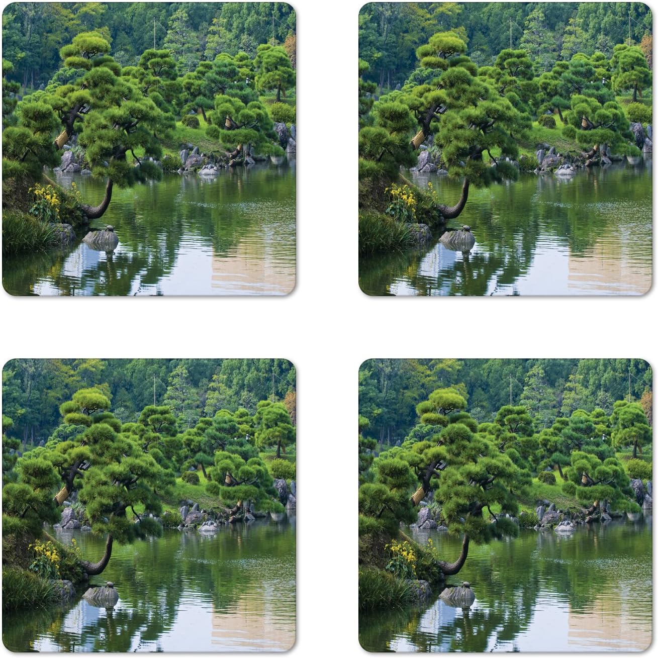Ambesonne Japanese Coaster Set of 4, River Landscape Trees Flowers Stones Silence in