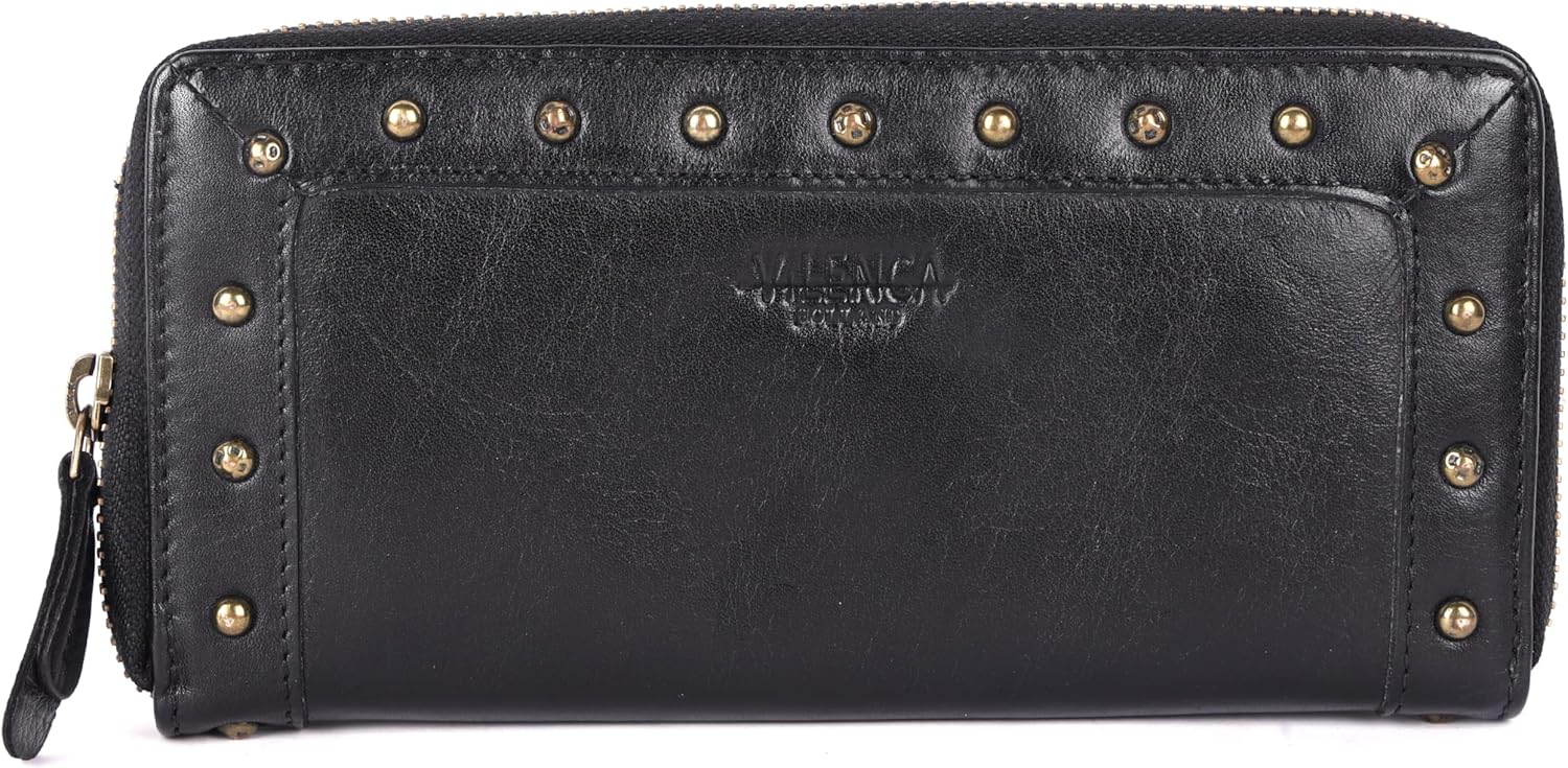 Vintage Genuine Italian Leather Boho Studded Wallet – Zipper Coin Purse & Credit Card Holder for Women (Black)