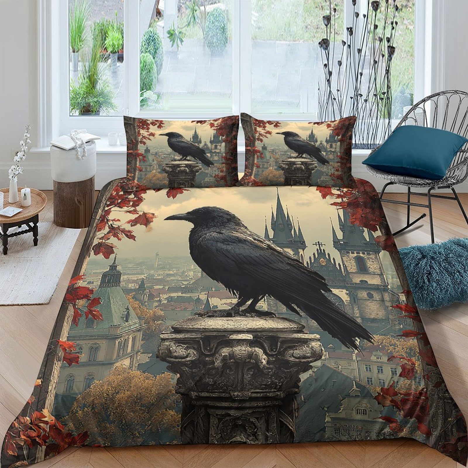 Ctjqhvkz Style-9 3D Printed Gothic Raven Fitted Sheet Microfiber Autumn Castle Mattress Cover For Bedroom Dorm Mattress Protection Decor Single（135X200cm）