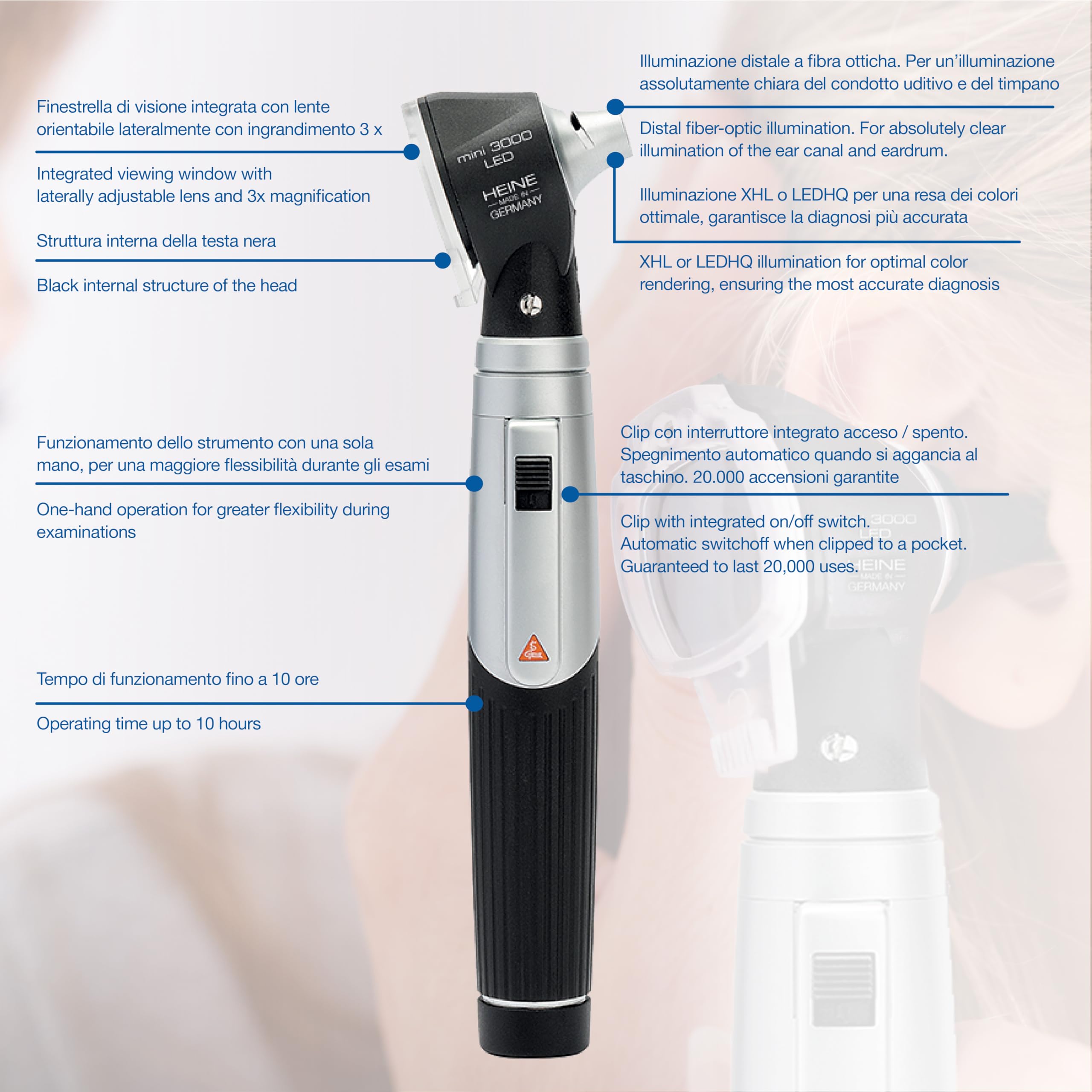 HEINE - Mini otoscopio médico profesional 3000 LED 2,5 V DIRECT, negro