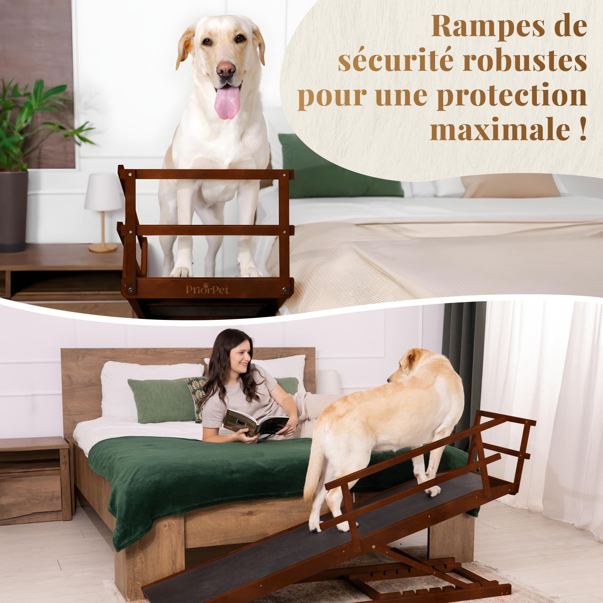 Rampe pour Chien Grande Taille pour Lit avec Barrières de Sécurité – pour Lit Haut jusqu'à 94,5 cm – Capacité jusqu'à 90 kg – Rampe de lit pour Chien Pliable, Antidérapante – Bois de Bouleau – Noix