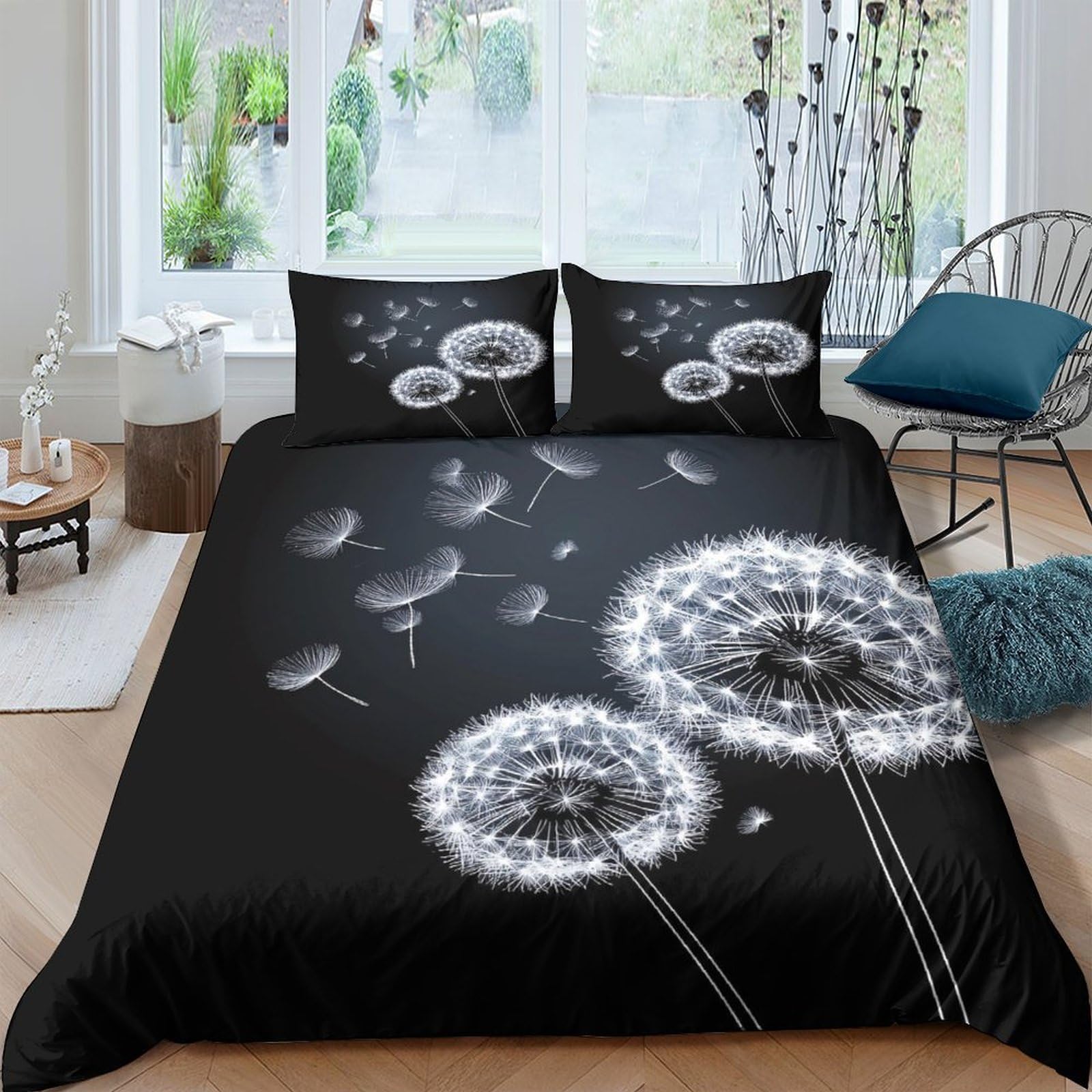 Ctjqhvkz Style-8 3D Printed Dandelion Pattern Fitted Sheet Microfiber Soft Black White Wind Blown Bed Cover For Bedroom Guest Room Decor Single（135X200cm）