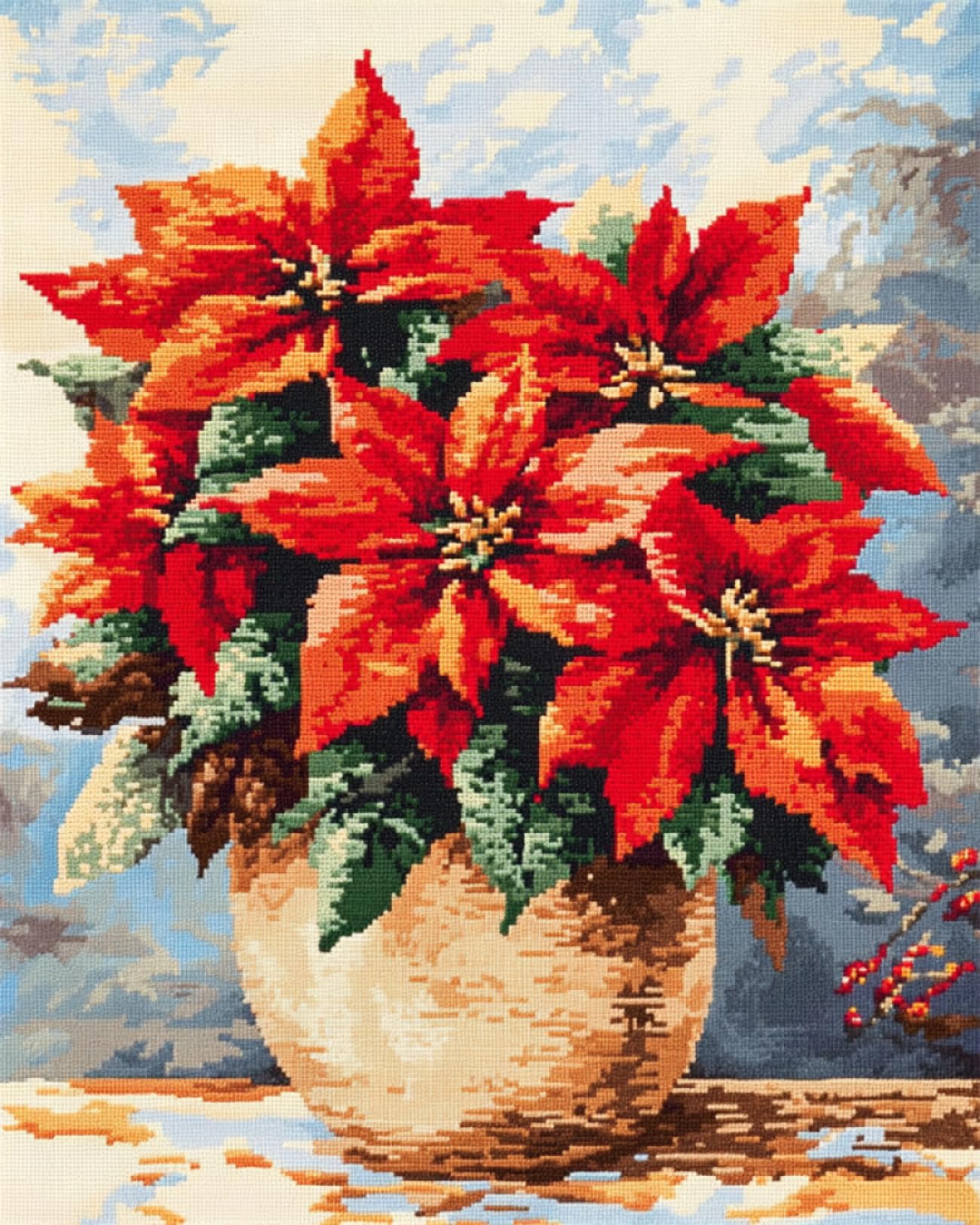 RKFLGEW DIY Stickset Für Erwachsene Weihnachtsblumen Perlenstickerei Set Rote Blumen Nadelspitze Handarbeitsset DIY Perlenmalerei 3D Gobelin Kreuzstichset 30x40cm
