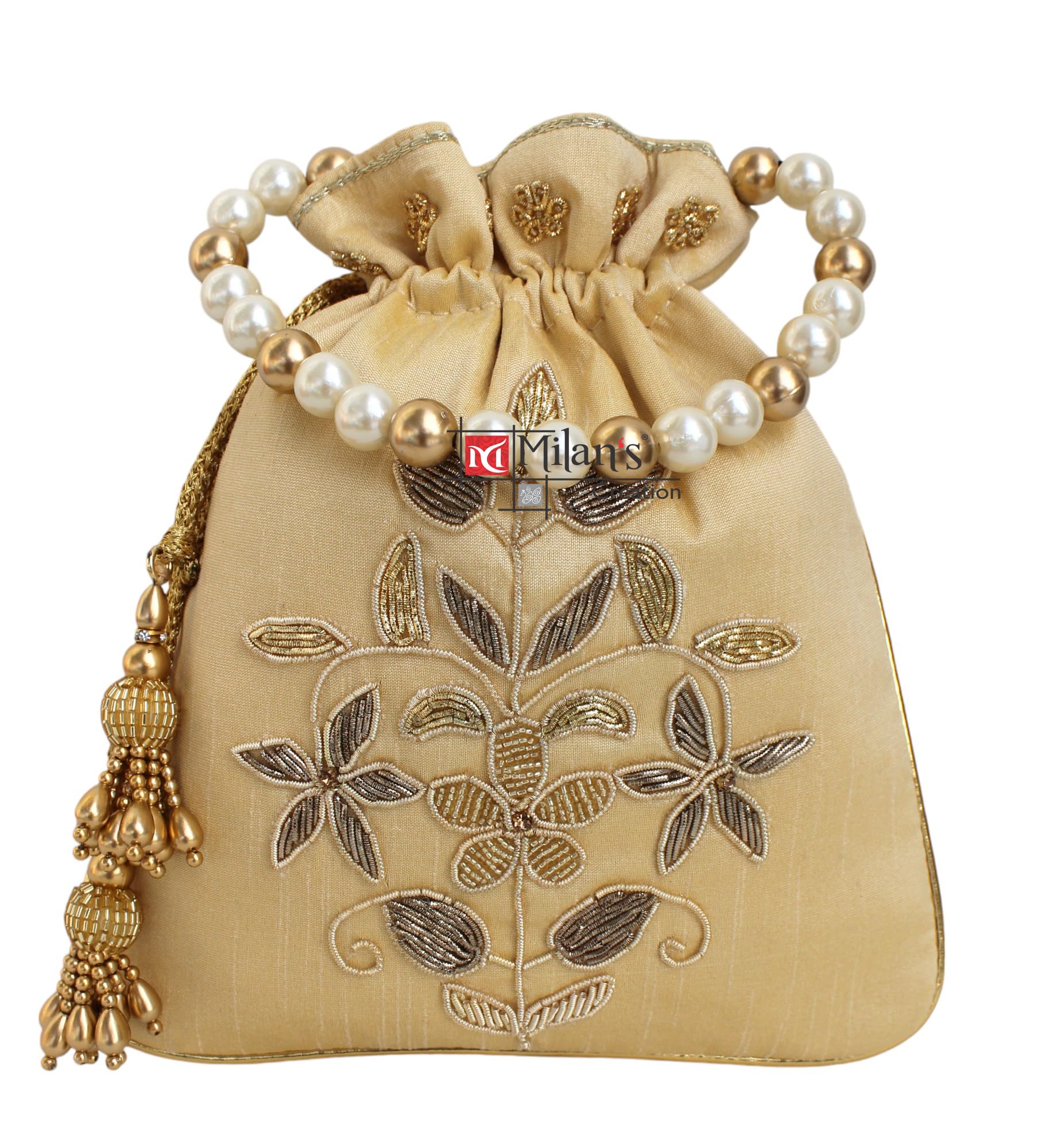 Zardosi Potli Bag Hand Embroidery Drawstring Potli Women's Handbag Purse With Pearl Handle & Tassel Purse-image-36