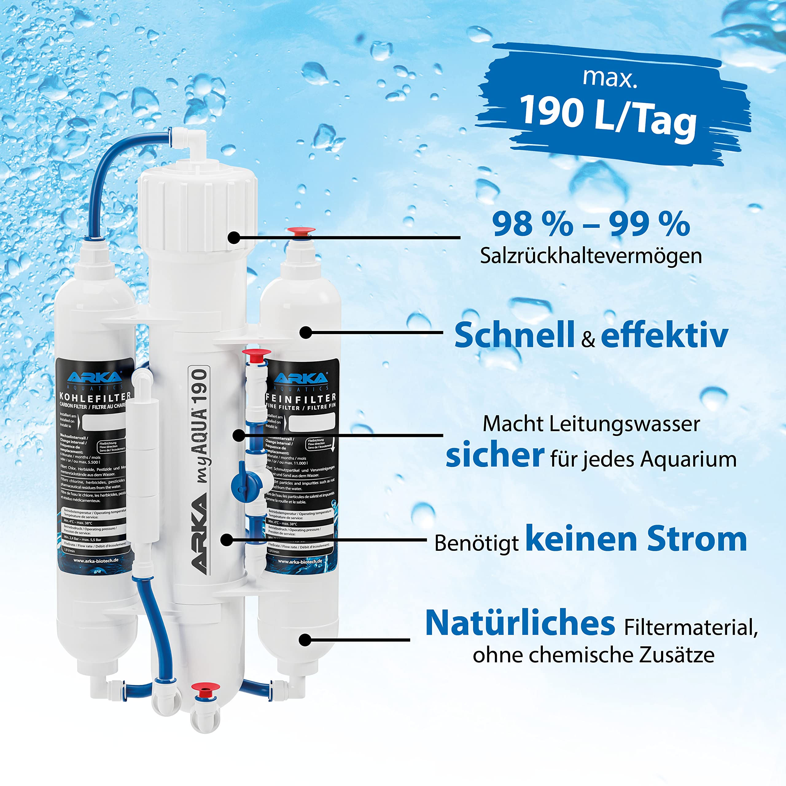 Umkehrosmoseanlage Aquarium 190 l/Tag – entfernt bis zu 99% Salze, Nitrat, Phosphat, Schwermetalle & Keime – Komplettset für Aquarium & Haushalt – ARKA myAQUA 190