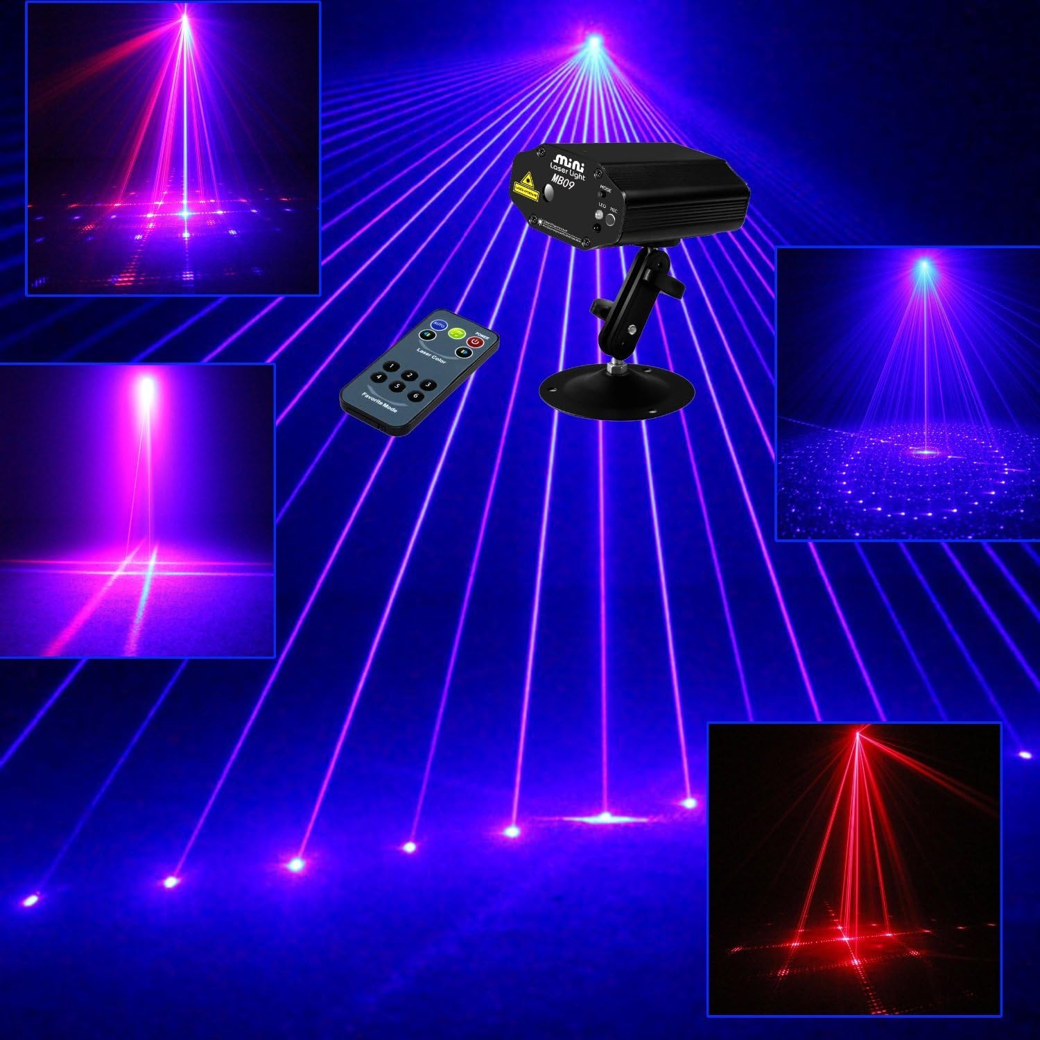 Lilyminiso Mini Laser Lighting 9 Patterns RB Remote Led Stage light Sound Active Equipment Effect Disco DJ Light Home Party Lights luces discoteca