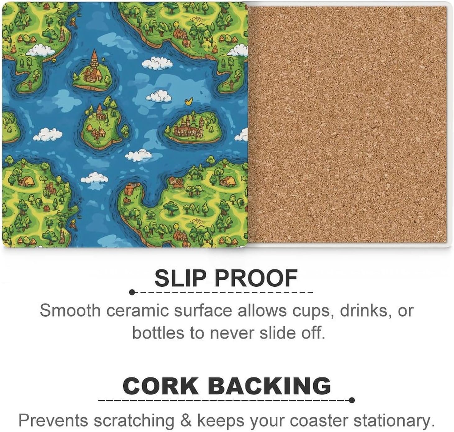 Green Map Ceramic Coasters Square Drinks Coaster Coffee Table Decor Table Coaster for Home Bar