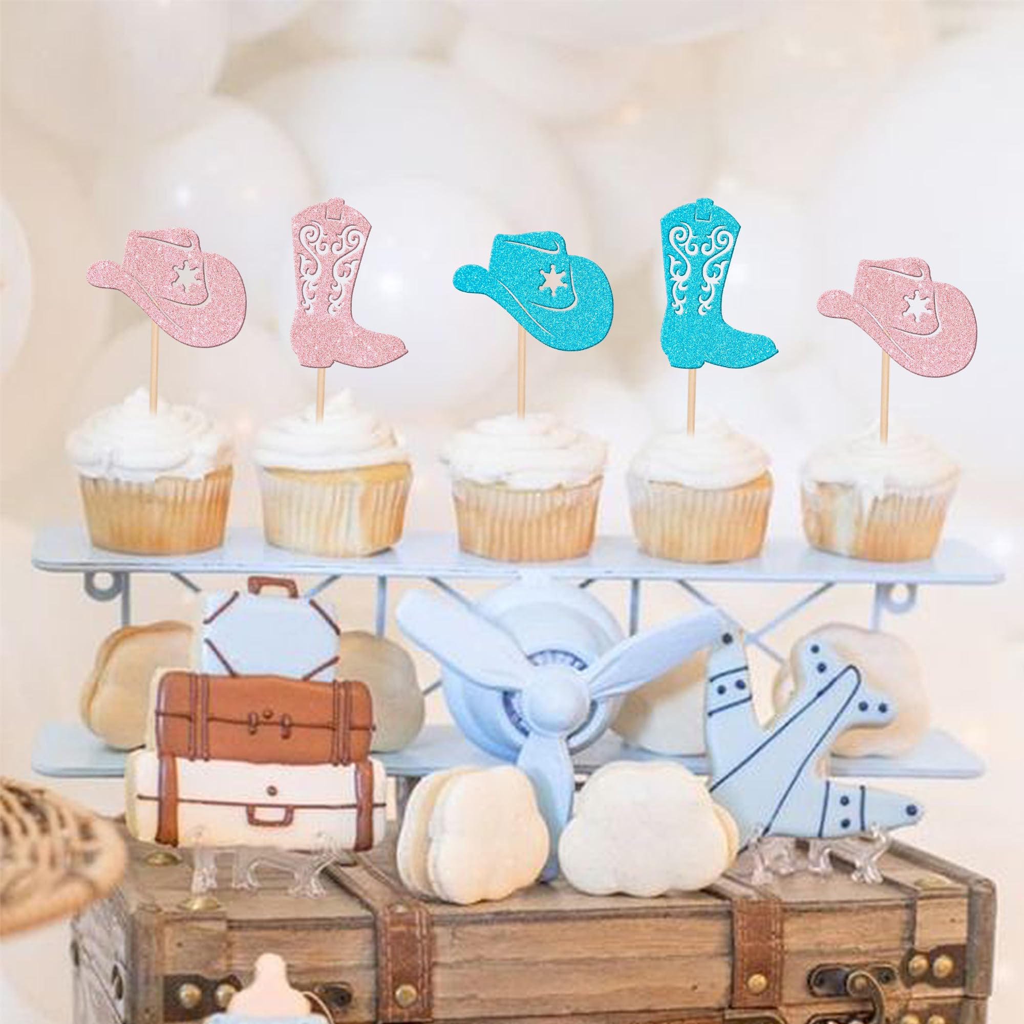 Xsstarmi 24 Pack Cowboy Cupcake Toppers Glitter Blue or Pink Cupcake Picks Boy or Gril Cake Decorations for Cowboy Theme Gender Reveal Baby Shower Kids Birthdaty Party Supplies - Image 4