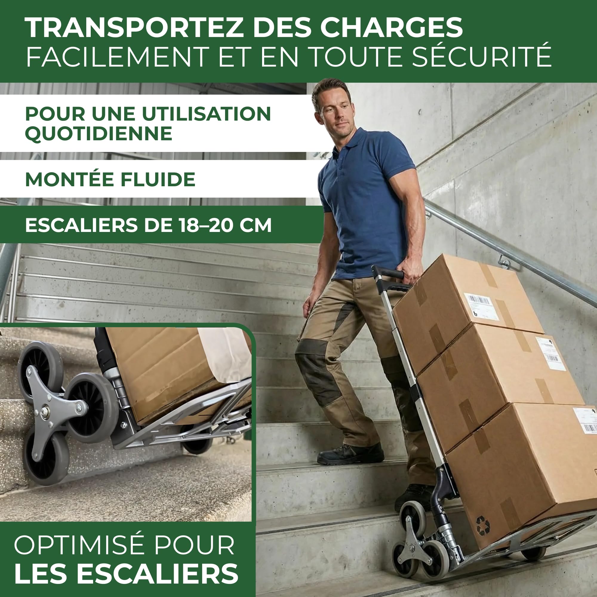 STREND PRO Diable Monte-Escalier 80kg | Diable Pliable avec Systeme A 3 Roues | Chariot Robuste pour Escaliers & Marches | Diable Reglable en Hauteur & Compact
