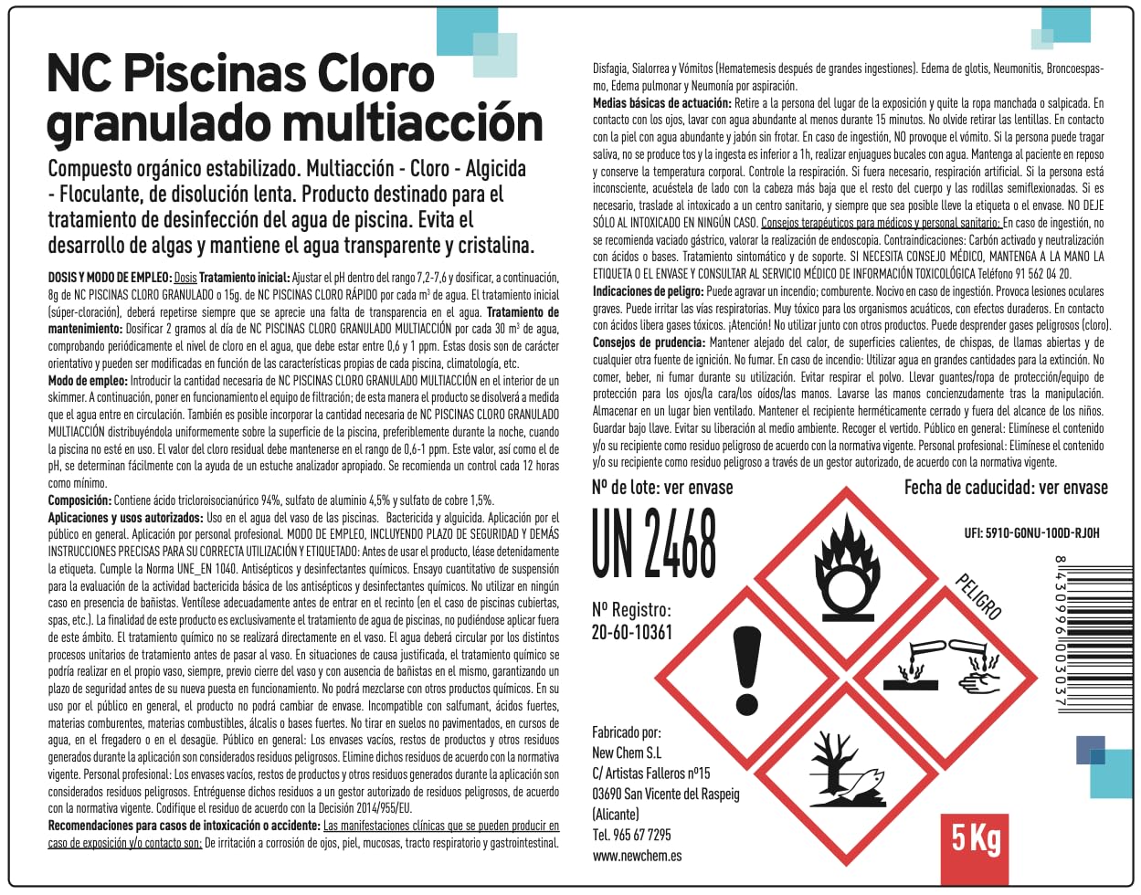 NC Cloro Granulado Multiacción 5 kg para Piscina | Disolución lenta, desinfectante, alguicida, bactericida, floculante y estabilizante, Fabricado en España