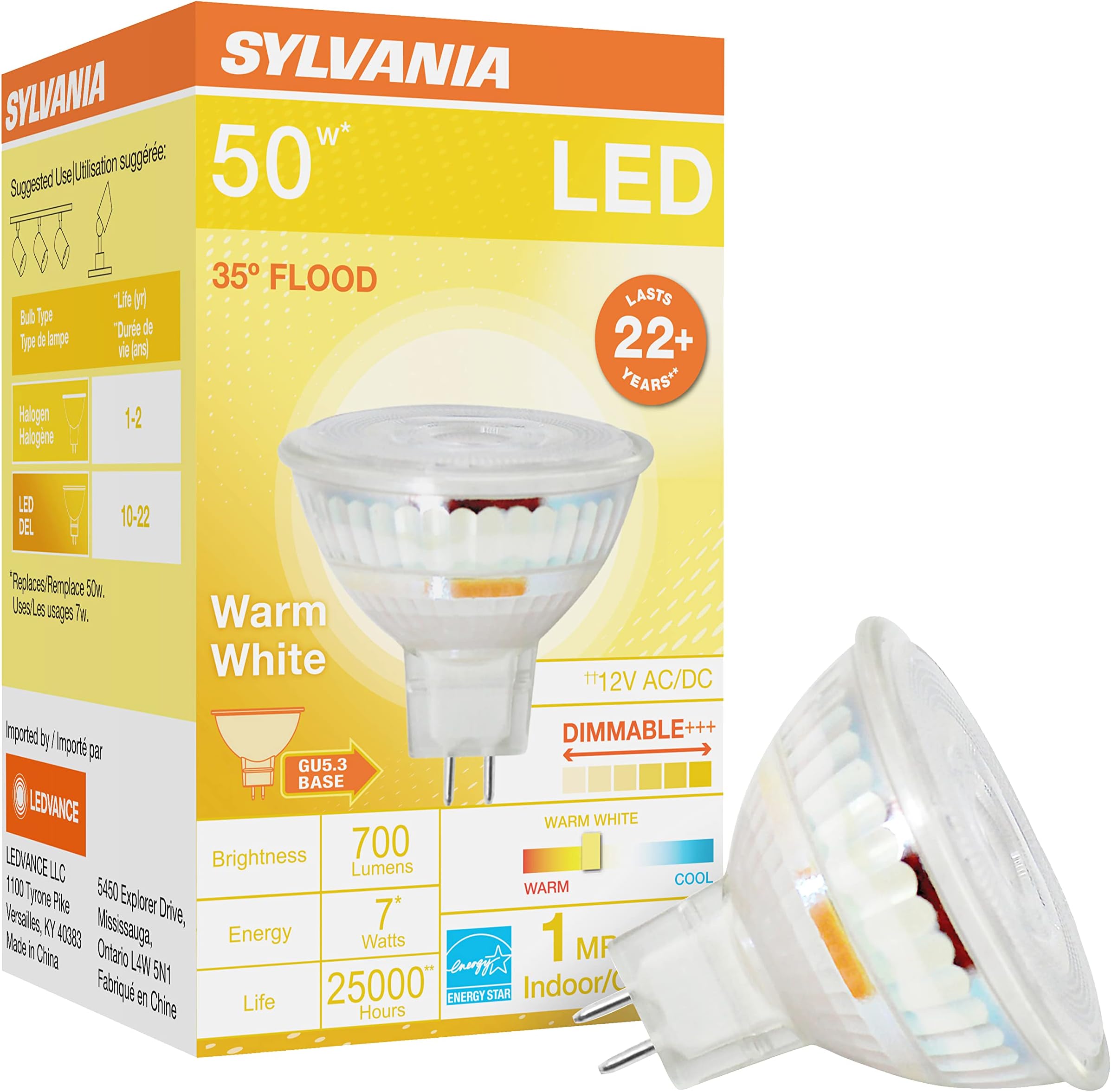 Sylvania LED Flood MR16 Light Bulb, 50W Equivalent, 7W Efficient, GU5.3 Bi-Pin Base, 35 Degree Angle, Dimmable, 3000K, Bright White - 1 Pack (41379)