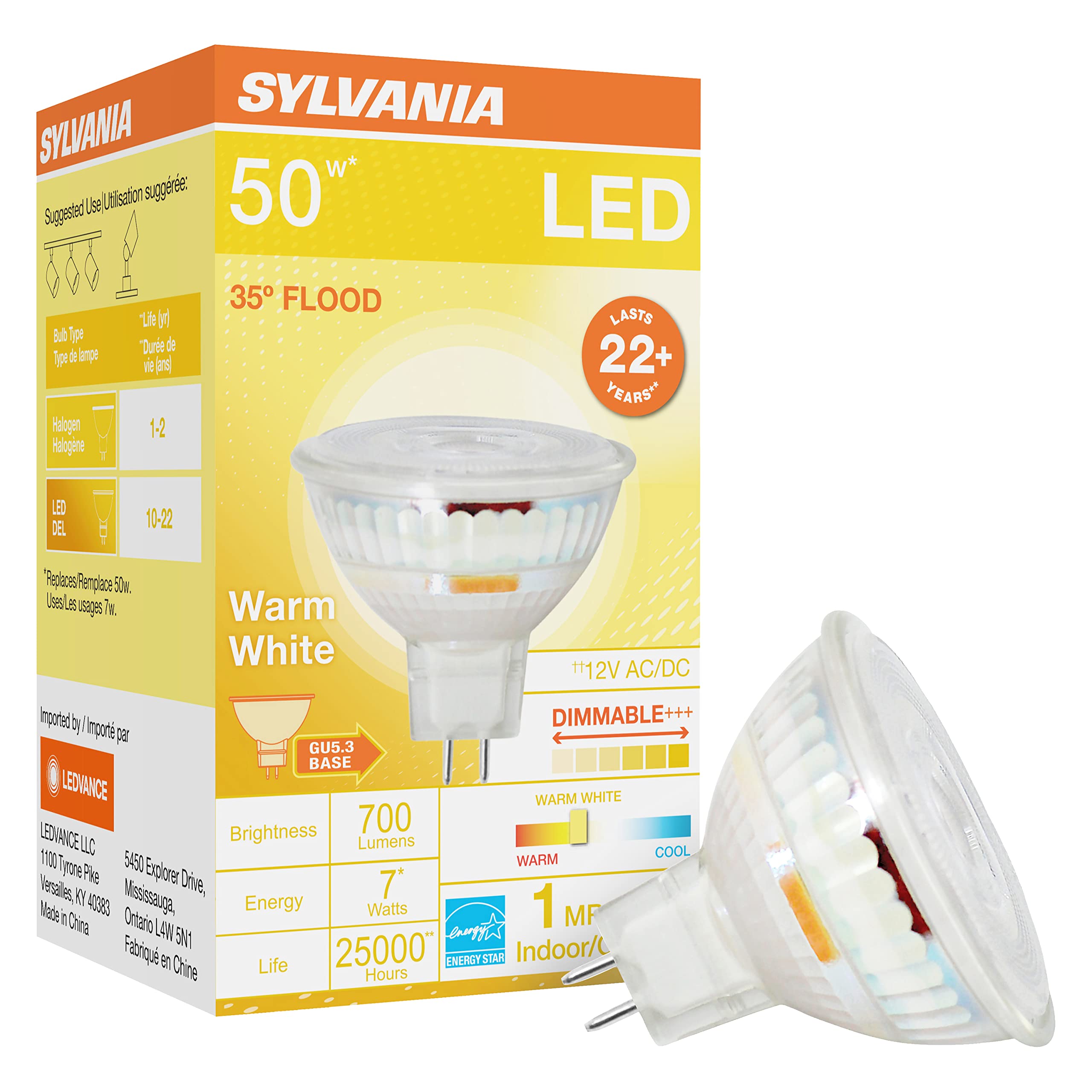 Sylvania LED Flood MR16 Light Bulb, 50W Equivalent, 7W Efficient, GU5.3 Bi-Pin Base, 35 Degree Angle, Dimmable, 3000K, Bright White - 1 Pack (41379)