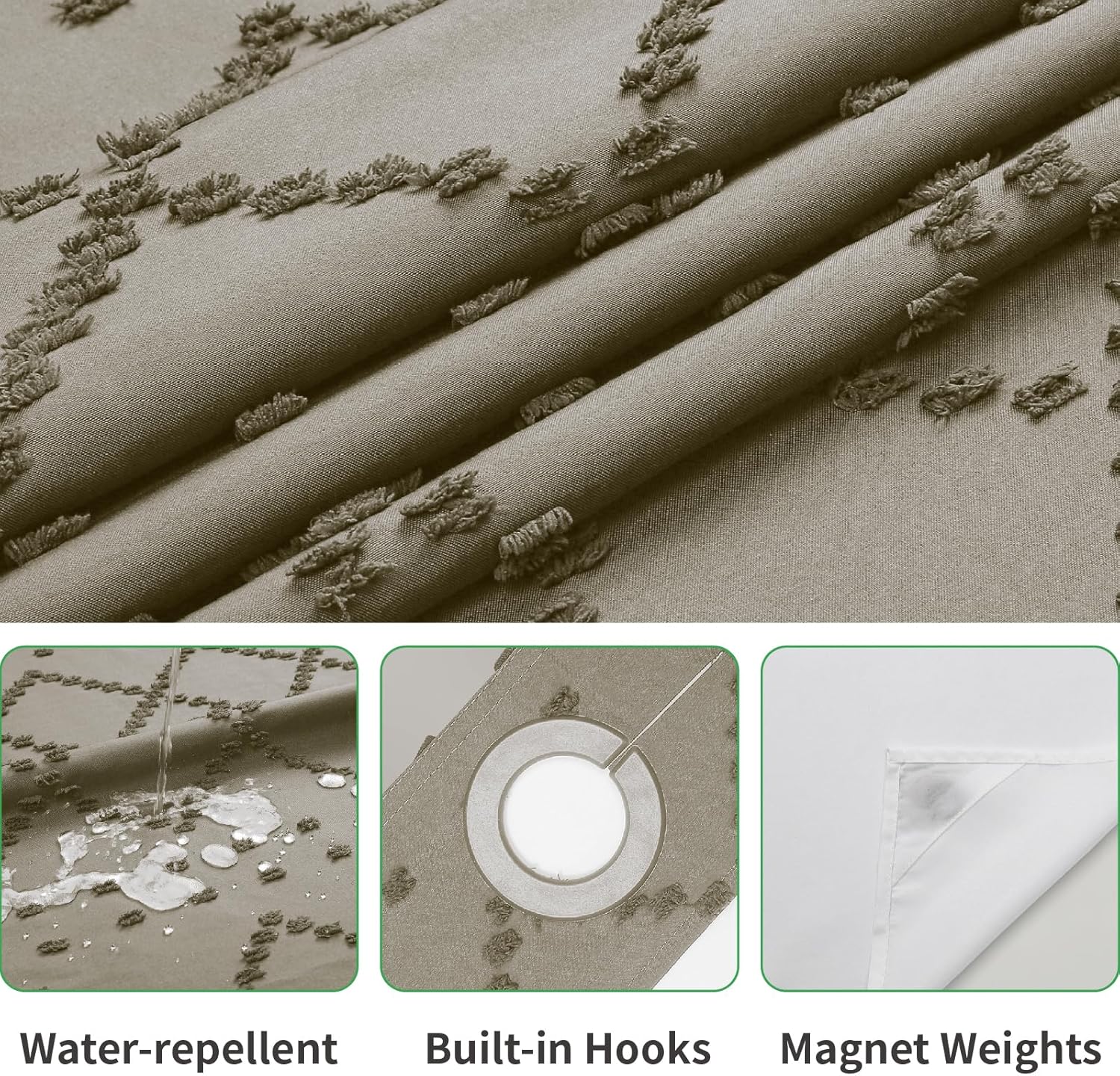 Khaki No Hook Shower Curtain and Fabric Liner Set, Boho Tufted Chevron Striped and Shabby Chic Textured Shower Curtain with a See-Through Top Window, Hotel Décor, 71" W x 77" H