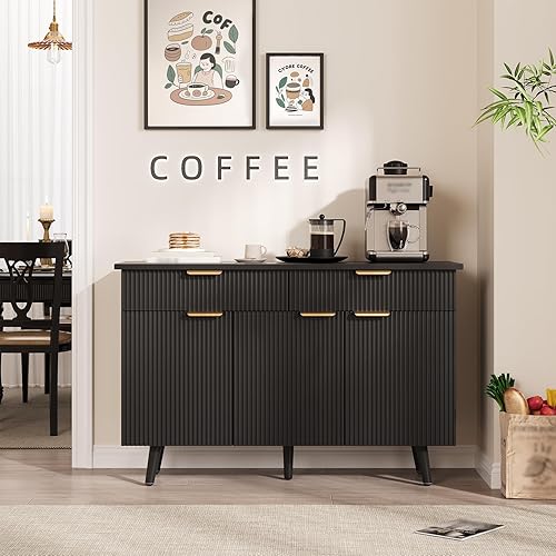 Miniatura 6 de Moderno gabinete de buffet acanalado de 47 pulgadas con almacenamiento, 3 puertas y 2 cajones, estantes ajustables, diseño de credenza de acento