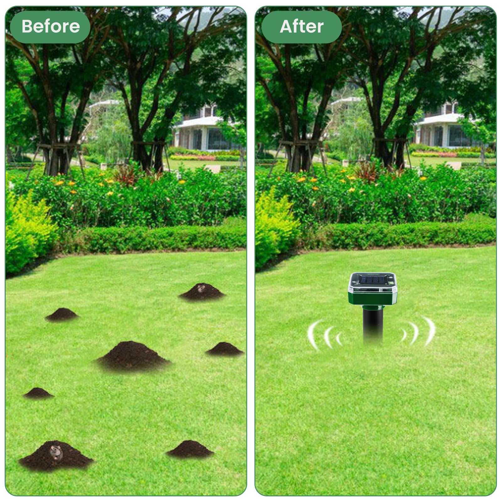 4 unidades de ahuyentador solar de topos: IP65 resistente al agua, ahuyentador de topos solar, ultrasonido para ahuyentar topos y plagas para el jardín
