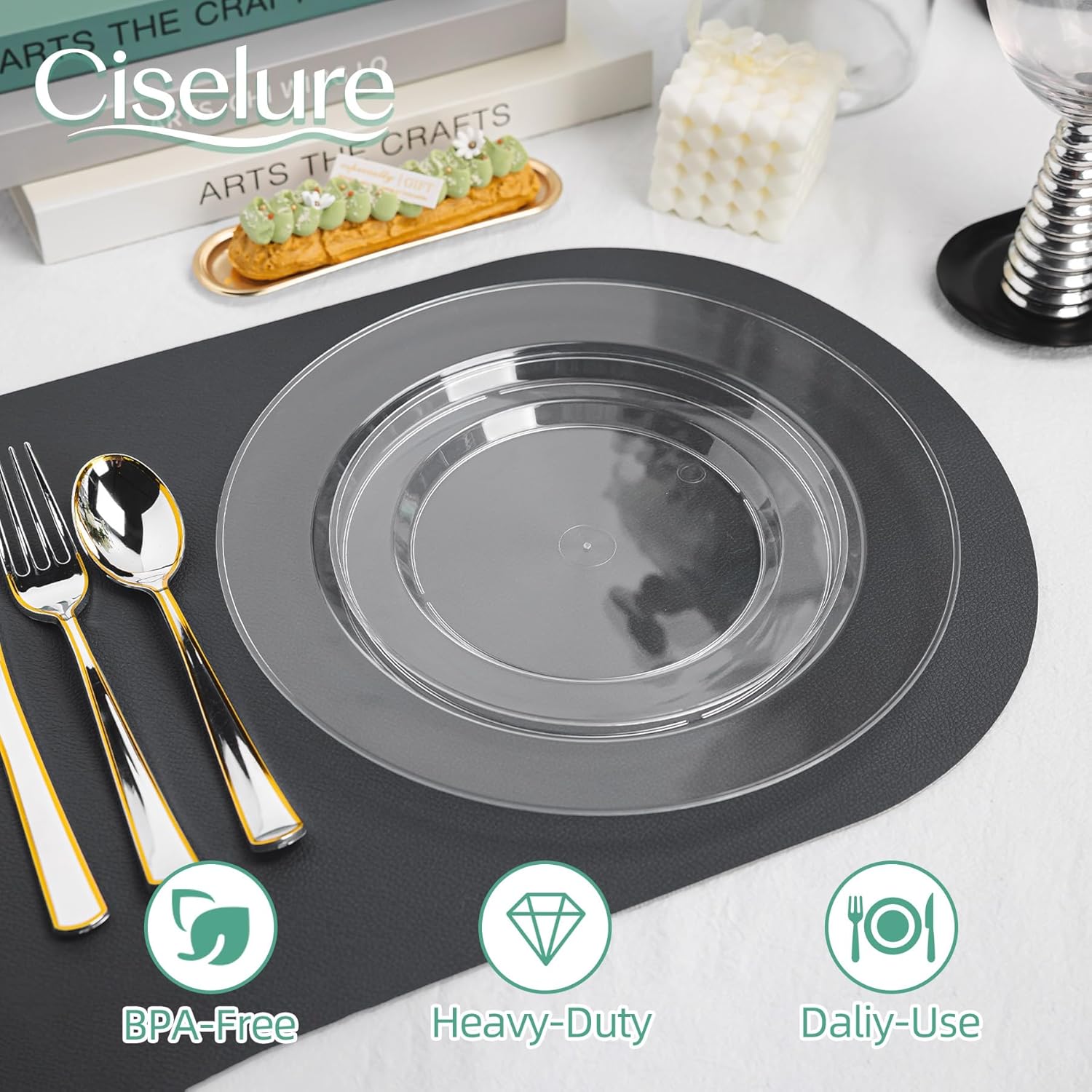 200PCS Clear Plastic Plates, Heavy Duty Plastic Plate Disposable, Include 100 Dinner and 100 Dessert Plates for Party and Wedding