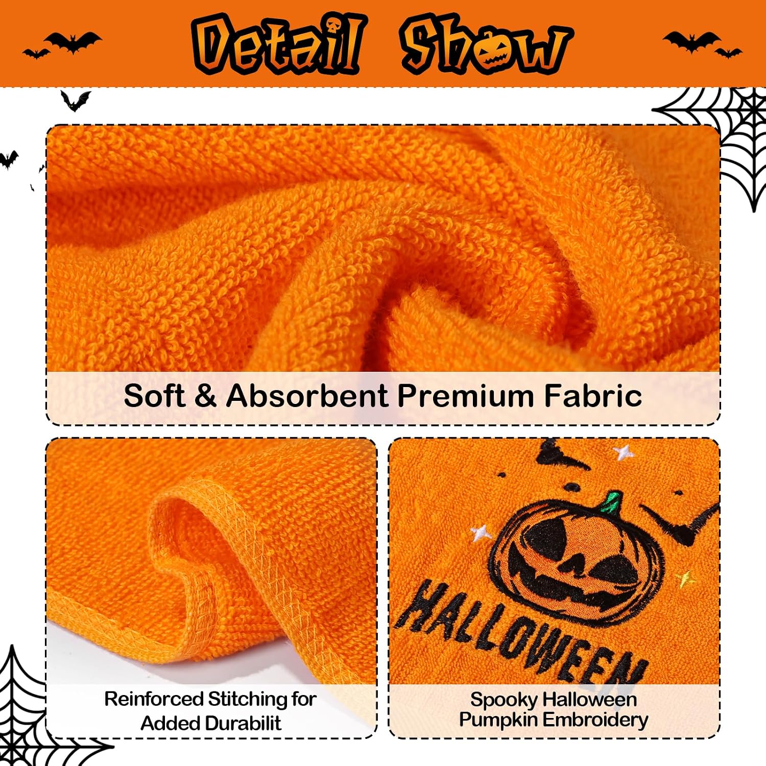 MelonBoat Halloween Hand Towels 3 Pack, Embroidered Pumpkin Halloween Kitchen Towels for Bathroom Kitchen, Soft Absorbent Halloween Hand Towels, Halloween Decor Indoor for Home, 13.7"x29.5"
