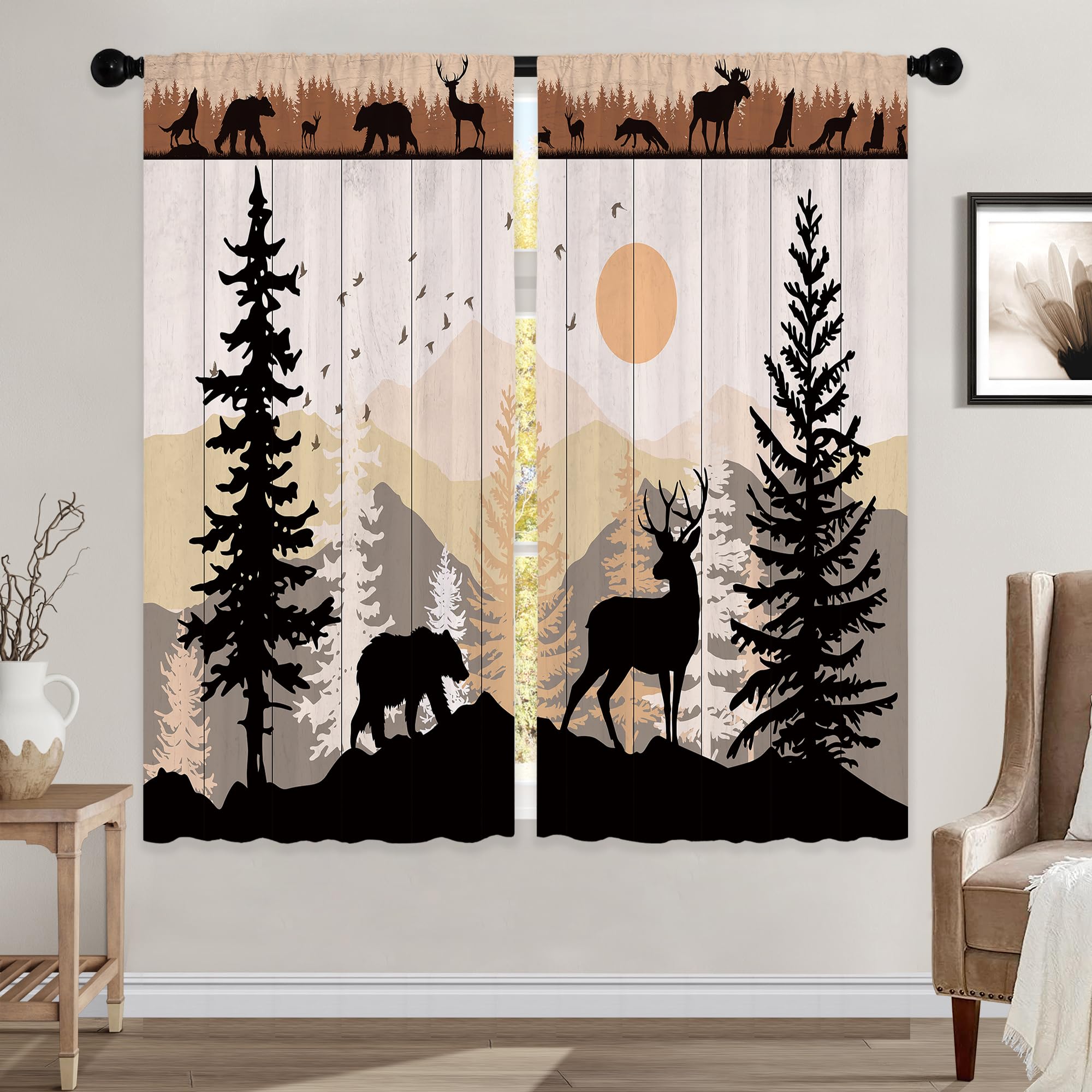 Laifzere Farmhouse Forest Cabin Curtains, Curtains Rustic Wooden Window Curtains 42x63 Inch for Bedroom Living Room Decor, Tree Country Deer Bear Window Drapes Treatment Draperies Fabric (2 Panels â image 1