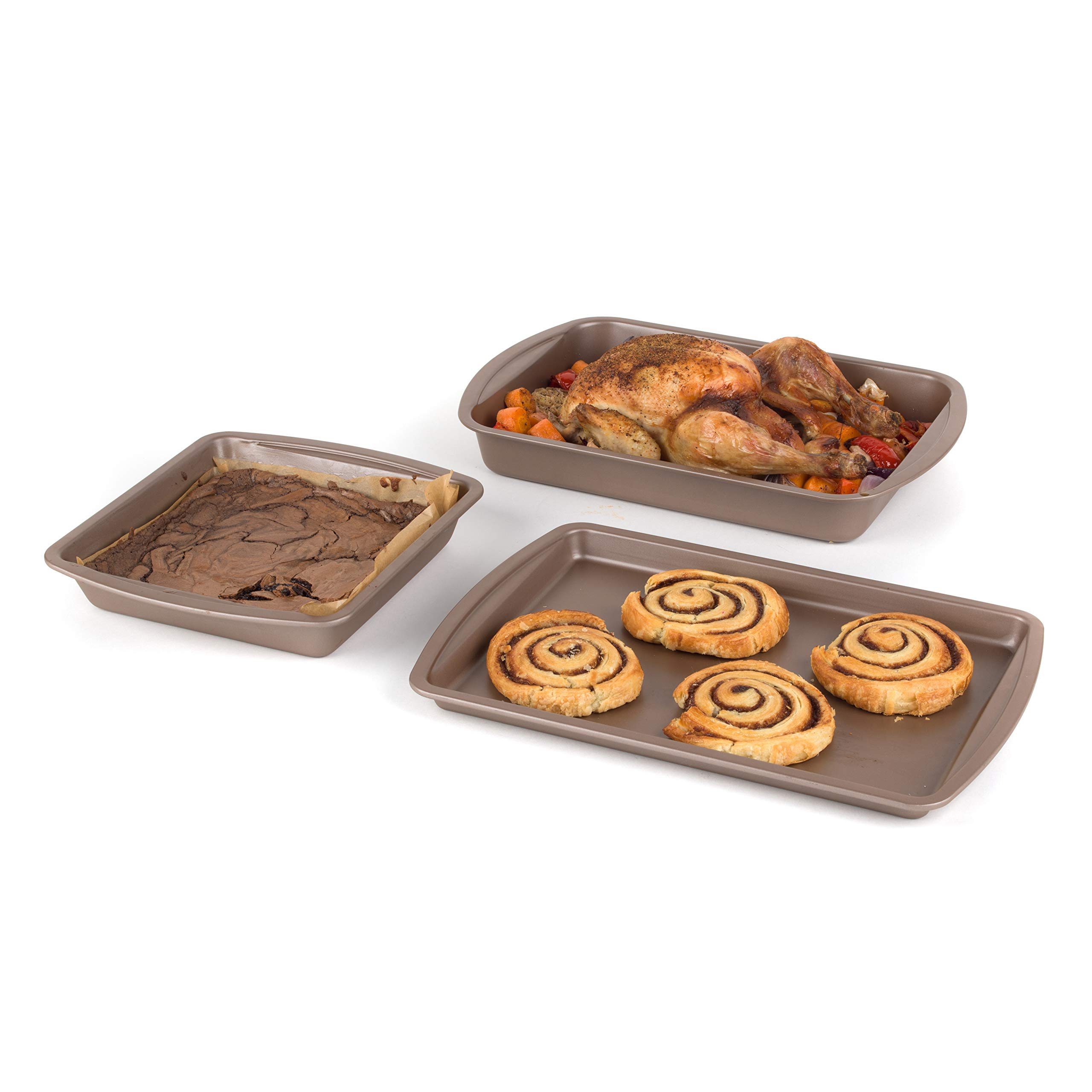 SalterCOMBO-4367 Metallic Ovenware Bakeware Set, Non-Stick Baking Tray, Roasting Pan and Square Tin, 26cm/36cm, Easy to Clean, Heat-Resistant Exterior, Carbon Steel, Champagne