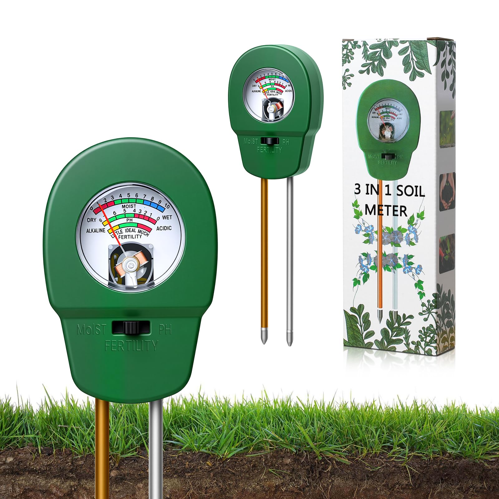 Pnrskter 3-in-1 Soil Moisture Meter & Soil pH Tester, Battery-Free