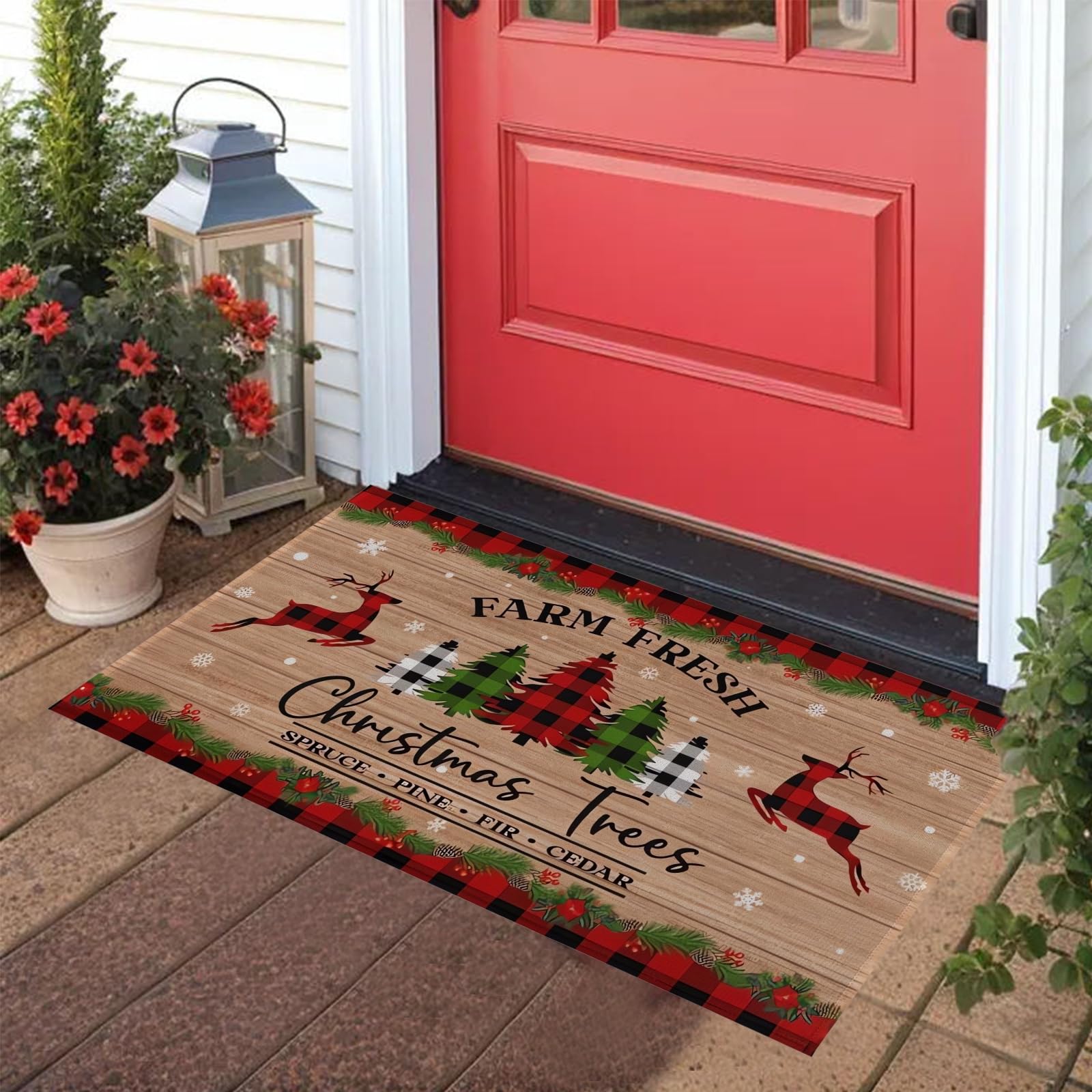 GiidleryChristmas Welcome Doormat for Indoor/Outdoor Entrance Buffalo Plaid Elk and Non-Slip Christmas Tree Decoration Door Mat Snowflakes Door Mat Rugs (#04, 50 x 80 cm)
