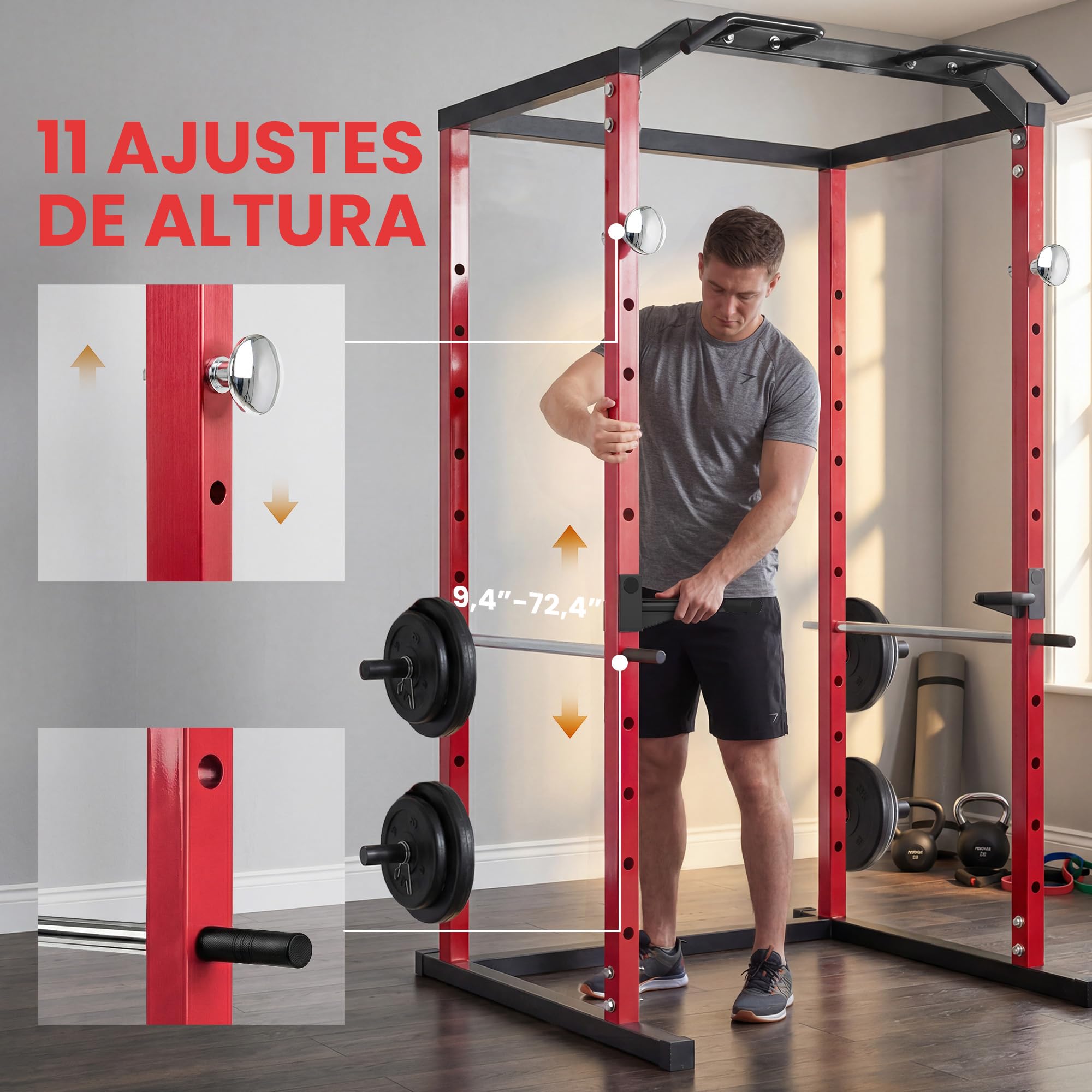 SPORTNOW Jaula de Potencia Musculación, Rack para Sentadillas con Barra de Dominadas, Estación de Fondos Ajustable en Altura, Soporte de Barra Regulable, para Casa Gimnasio, Carga 460 kg