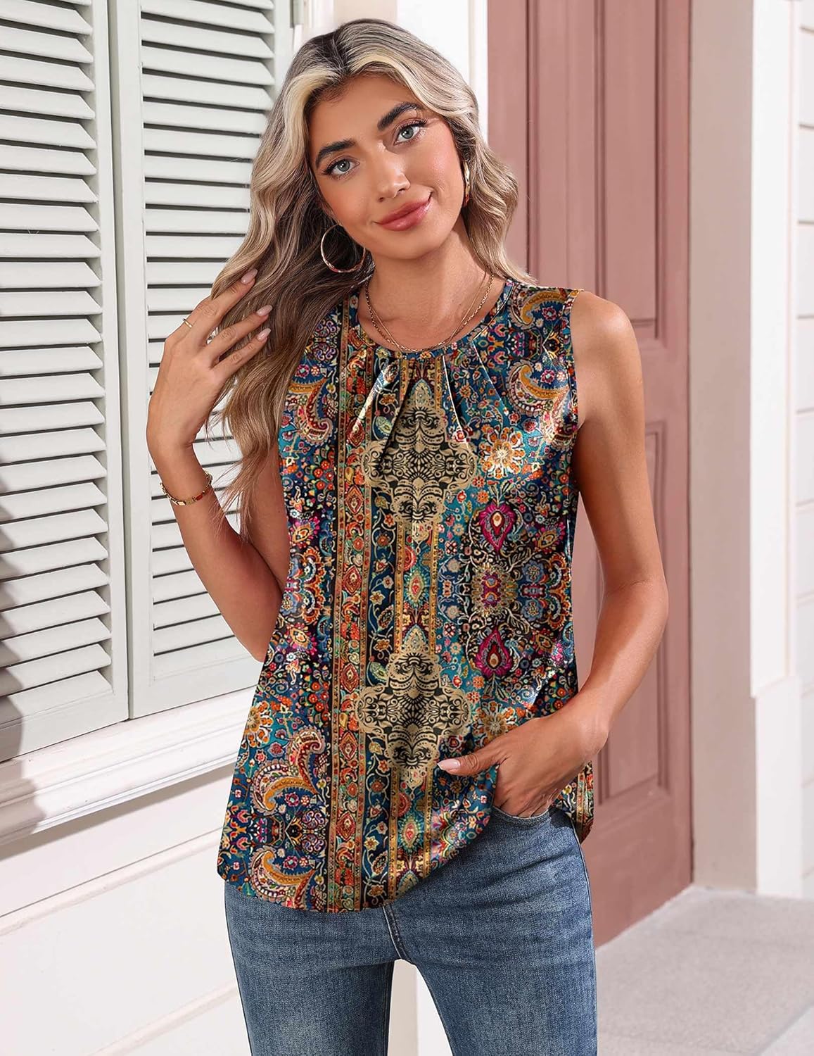 Zeagoo Womens Silk Satin Tank Tops Crew Neck Pleated Camisole Sleeveless Business Work Blouse Dressy Casual Summer Shirt - Image 3