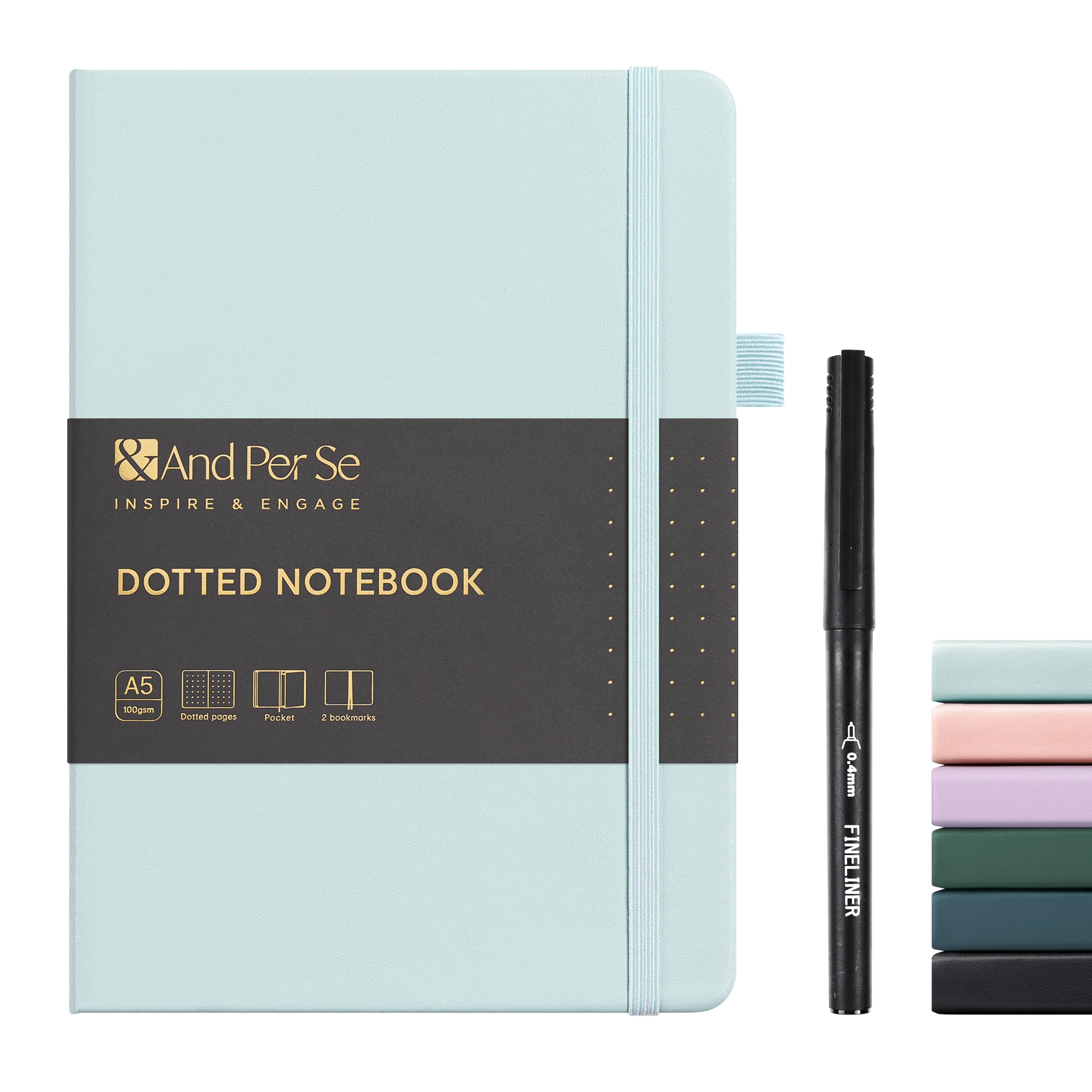 &And Per Se Dotted Journal and Pen Set, A5 Leather Hardcover Dotted Notebook, 160 Pages 100GSM Thick Paper Dot Grid Journal with Fineliner Pen (Cyan) — image 1