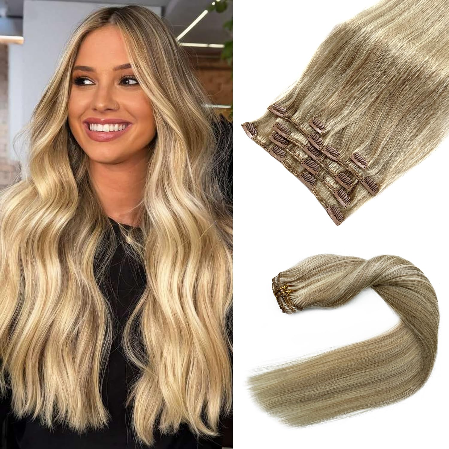 Clip in Hair Extensions Real Human Hair, Ash Blonde Balayage Blonde Highlights Hair Extension Real Human Hair Clip ins 16 Inch 7pcs 70G Double Weft