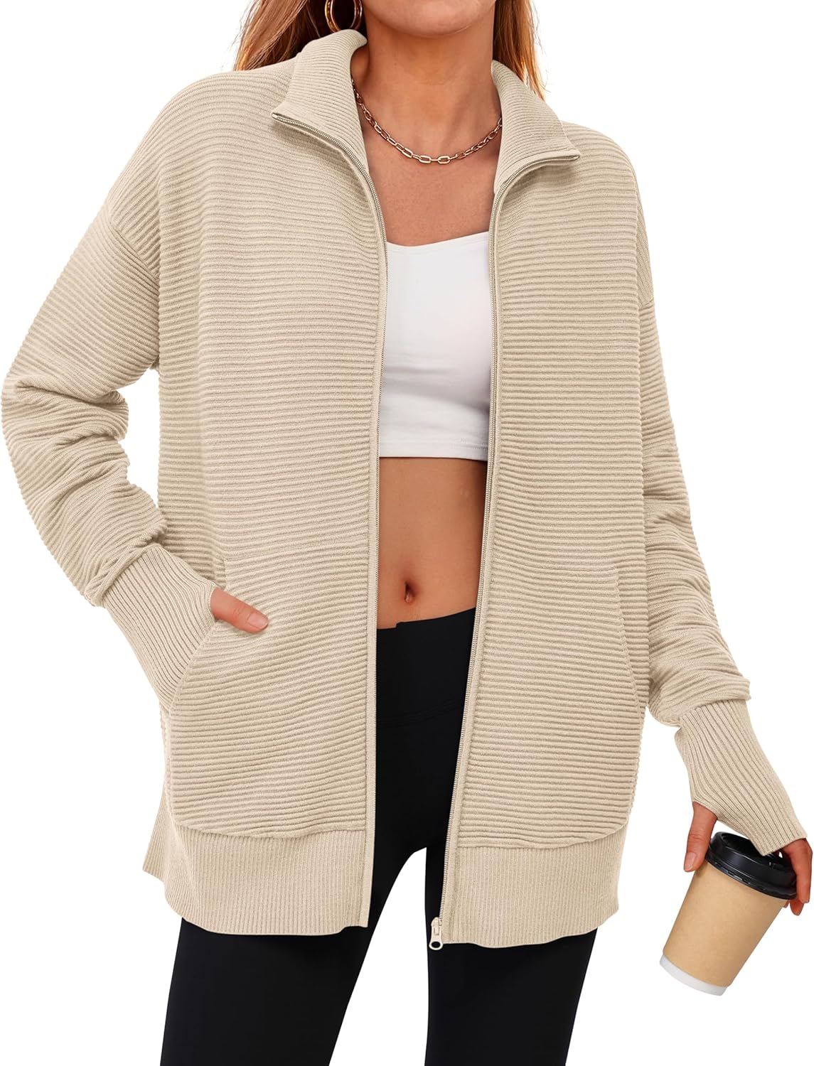 PRETTYGARDEN Womens Fall 2025 Long Sleeve Zip Up Cardigan Sweaters Casual Loose Collared Ribbed Knit Tops Jackets Thumb Hole - Image 5