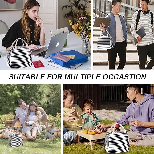 Miniatura 6 de EurCross Bolsa de lona para el almuerzo para mujer para el trabajo con rayas blancas y negras, reutilizable, aislada, para preparación de comidas,