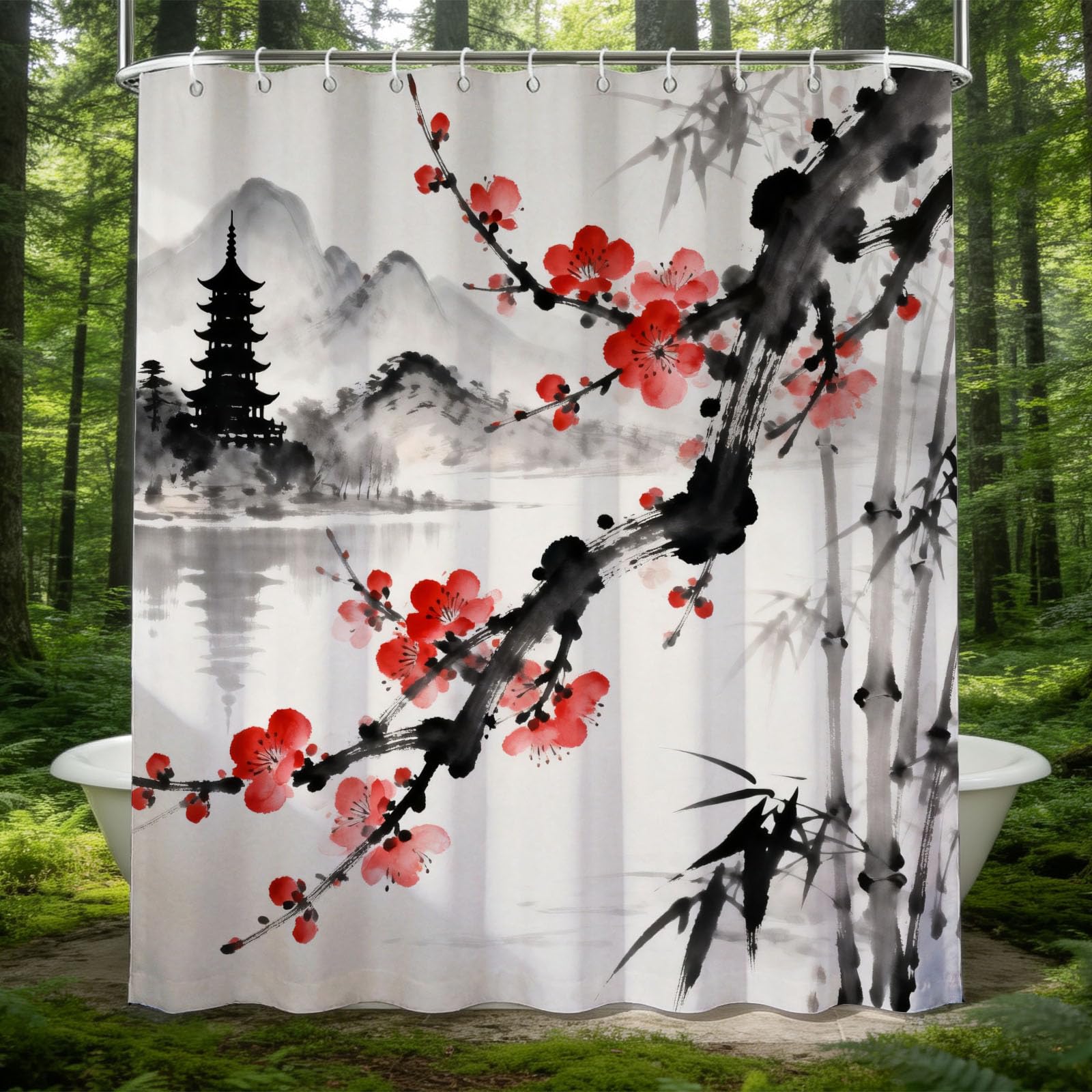Hongduo 3D Ink Wash Plum Blossom Shower Curtain for Stalls Bathtubs Exotic Print Bathroom Decor Shower Curtain Set Polyester Fabric Waterproof 180x200cm/71X79 Inch with Hooks