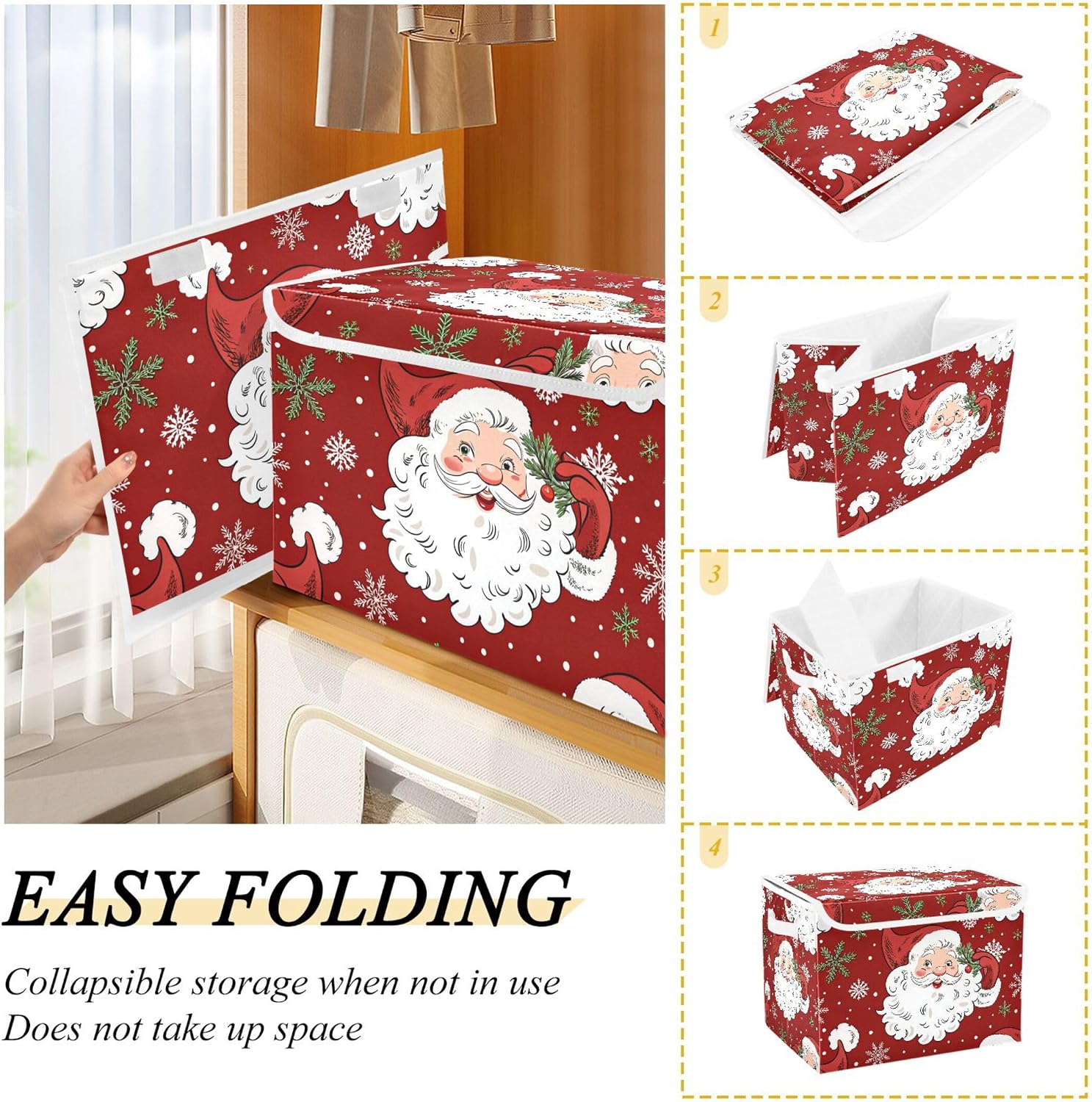 Christmas Santa Claus Storage Bins with Lids and Carrying Handle,Foldable Storage Boxes Organizer Containers Baskets Cube with Cover for Home Bedroom Closet Office image 4