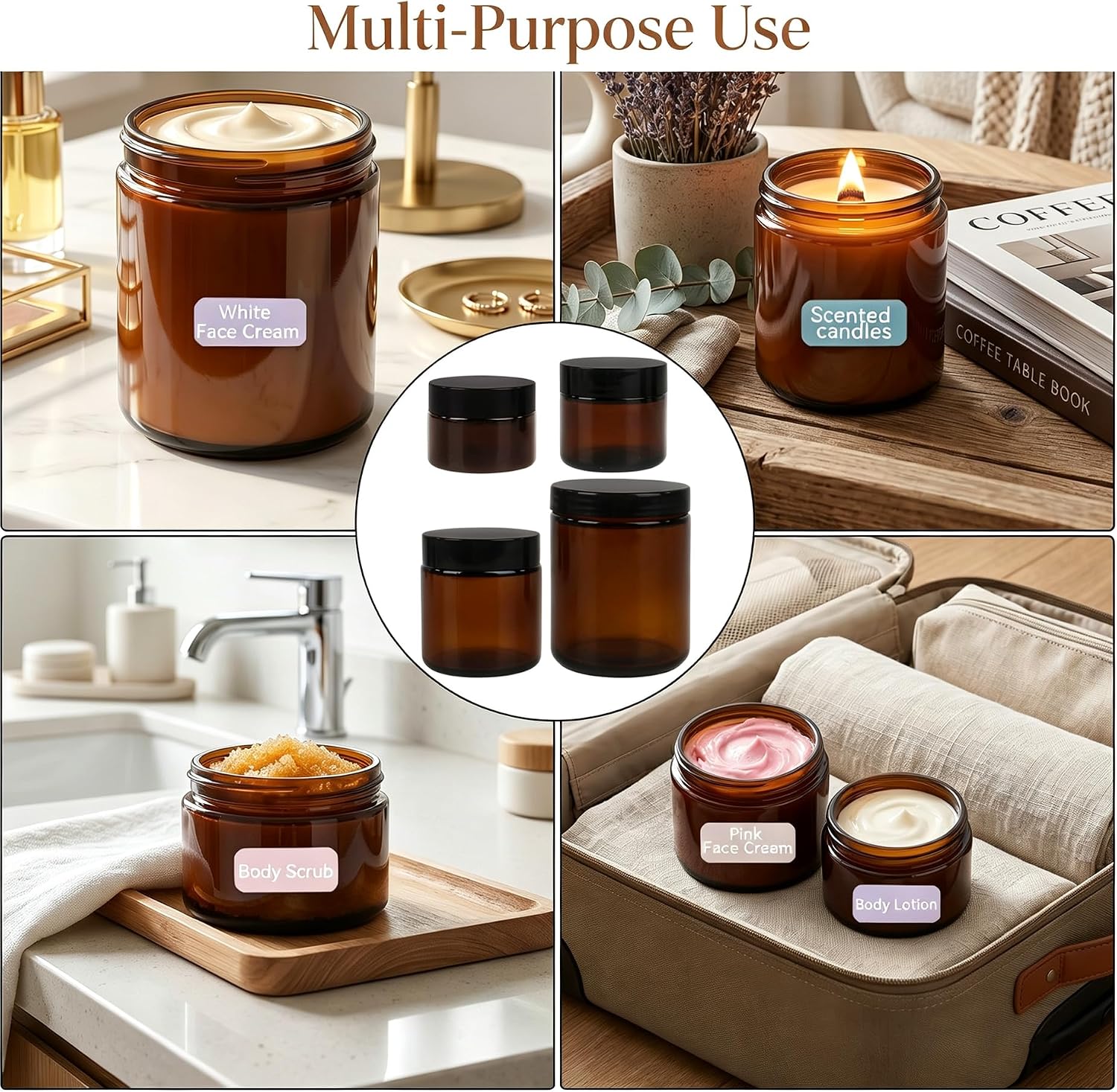 4Pcs Amber Glass Jars with Lids, 1oz, 2oz, 4oz, 8oz Refillable Glass Cosmetic Jars with Spatulas and Stickers, Reusable Travel Brown Glass Jars for Lotion Butter