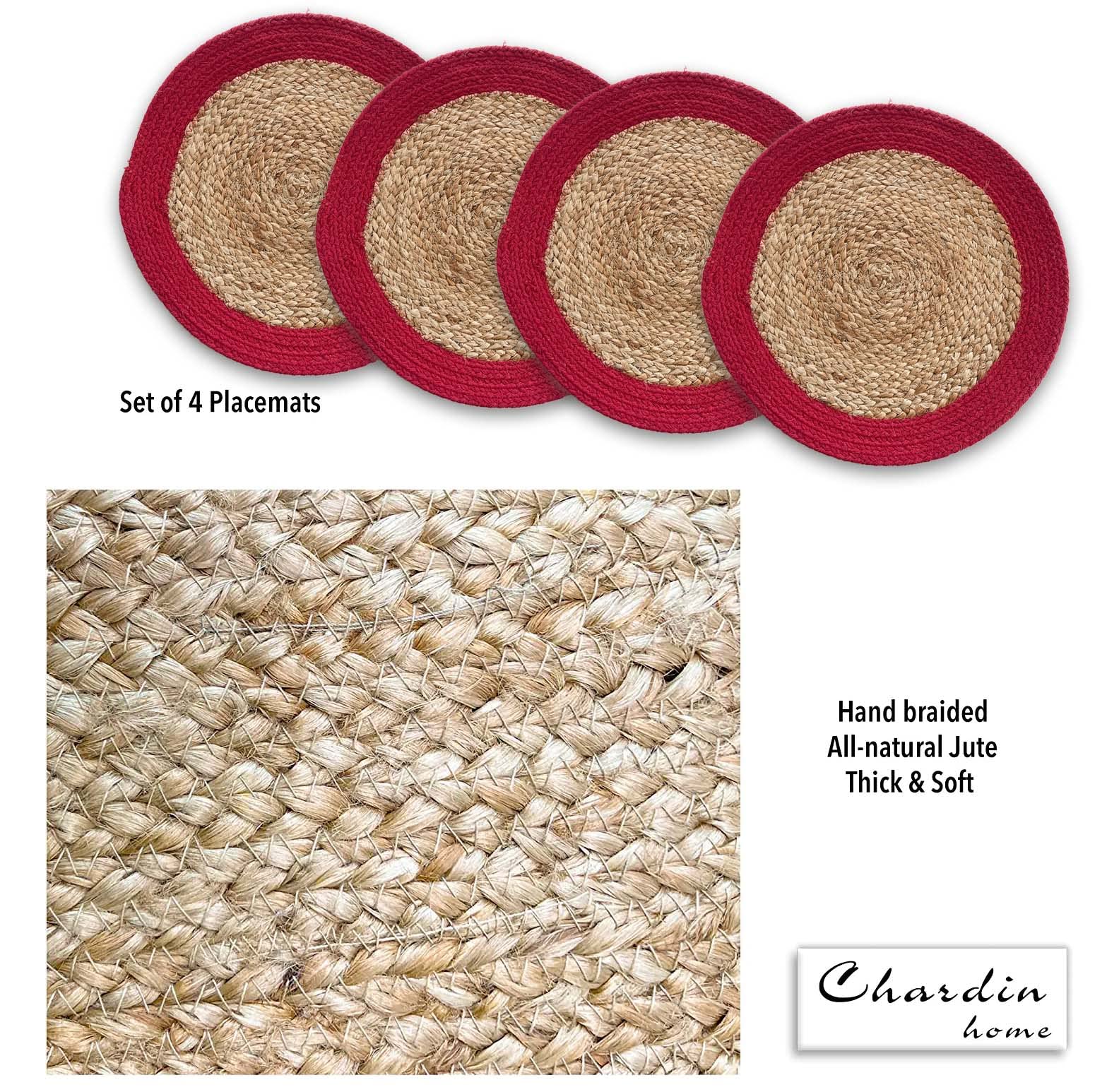 CHARDIN HOME Round Verona Woven Jute & Cotton Braided PLACEMAT (Set of 4), Size -15 inch, Round, Color - Natural Jute with Red Border
