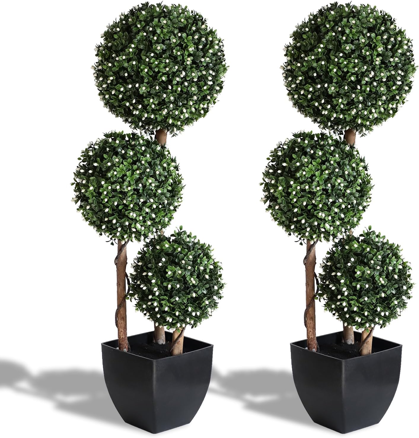 Momoplant 2 Pack 35-Inch Artificial Triple Topiary Ball White Fruit Plant - Indoor/Outdoor Trees Decor With Boxwood Balls